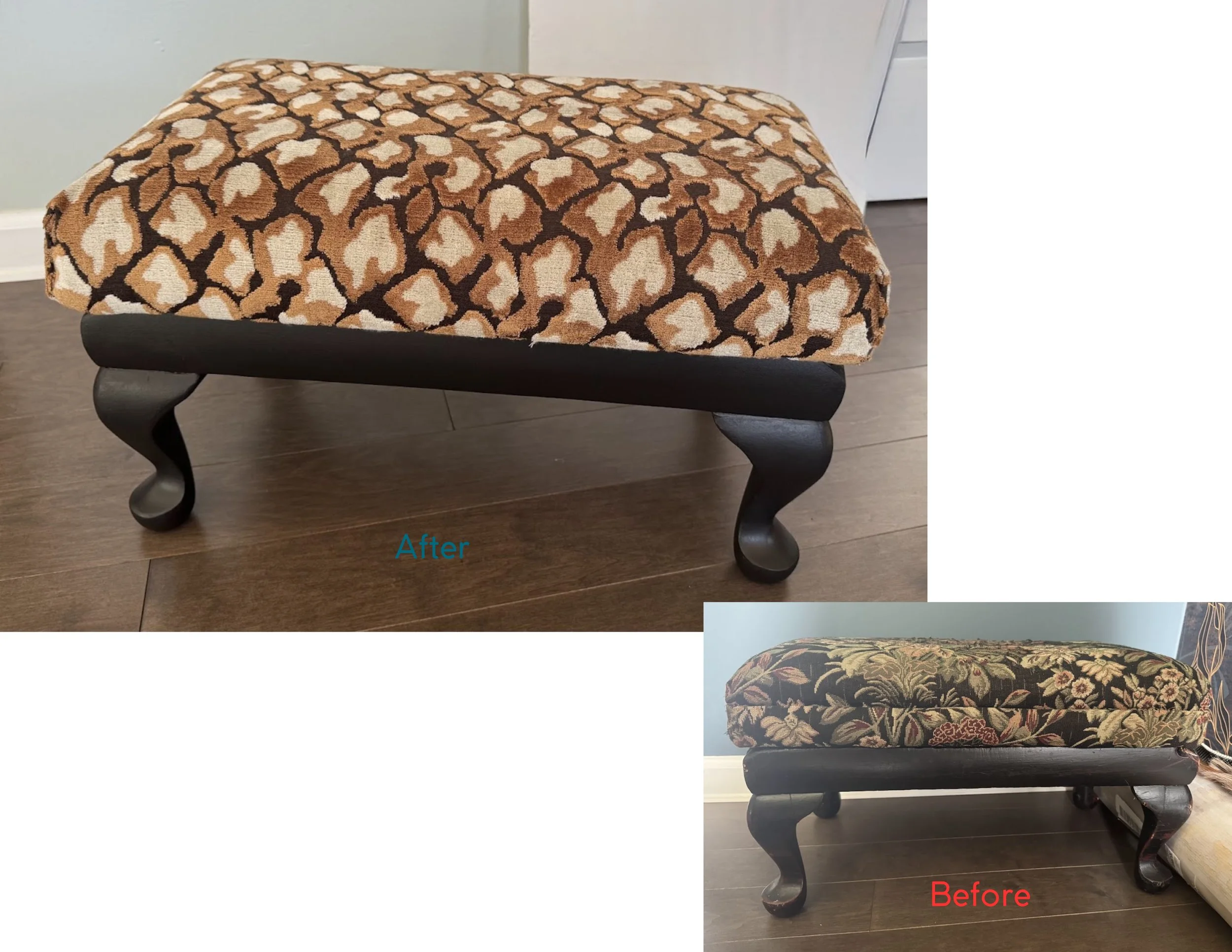 Project in Hatfield, PA: A footstool with sentimental value to the homeowner, refinished and reupholstered in a fun, eye-catching fabric to become a statement piece in the space.