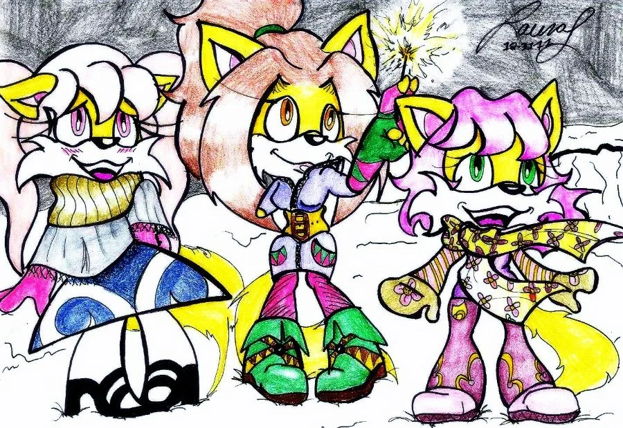 Colorful drawing of three anthropomorphic cats with expressive faces standing outdoors during winter, with snow and a firework in the background.