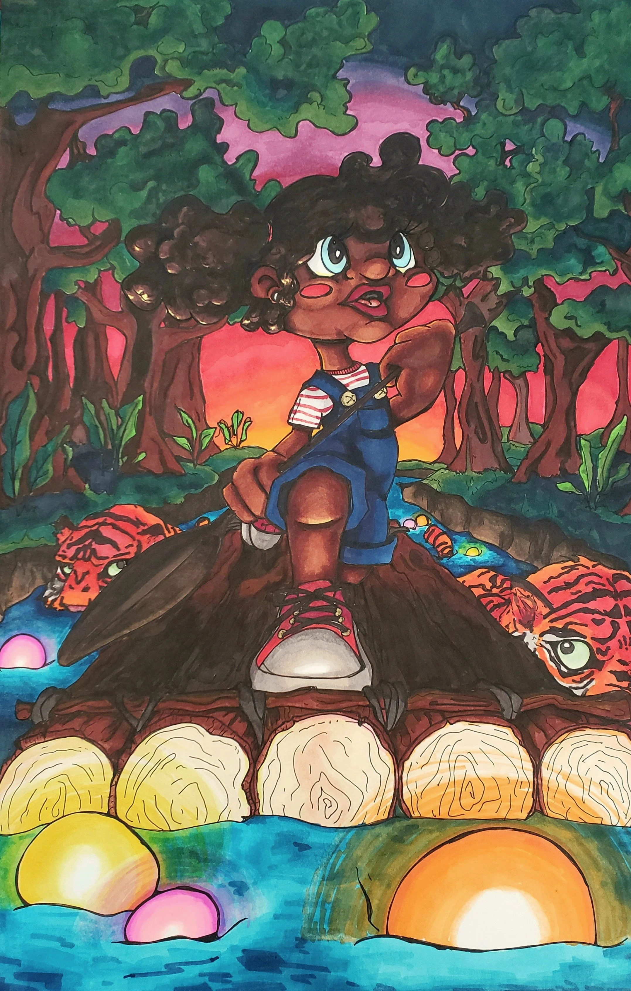 A colorful illustration of a young girl with curly hair and big eyes standing on a log in a river, surrounded by trees and two tigers, with a sunset sky in the background.