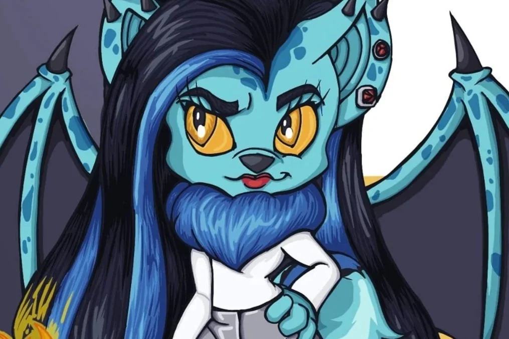 A cartoon depiction of a blue, fantasy creature with long black hair, yellow eyes, and bat-like wings, striking a confident pose.