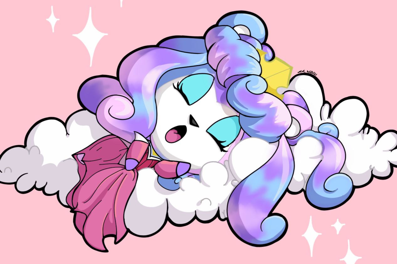 A cute cartoon unicorn with a pastel rainbow mane and tail, sleeping on fluffy clouds with a pink background and sparkling stars.