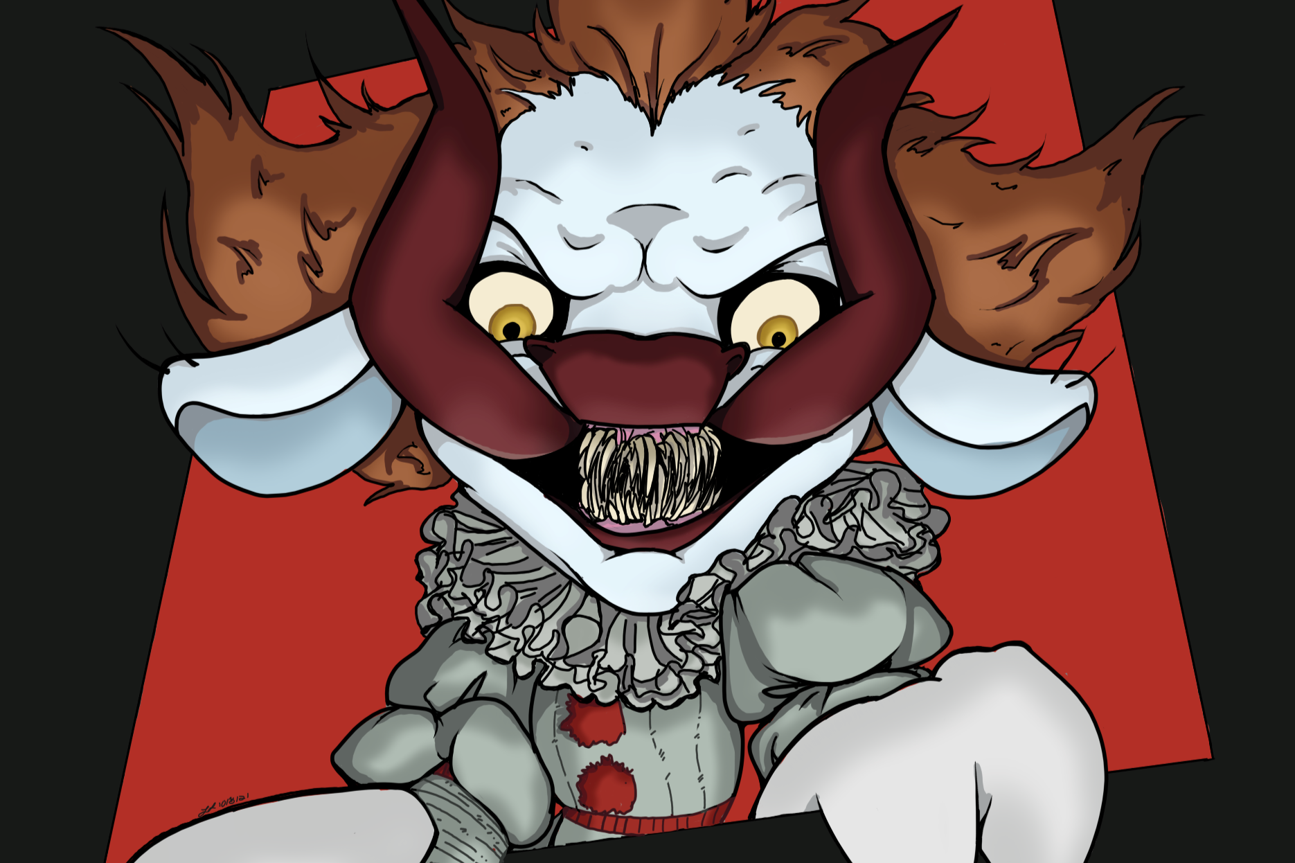 A cartoon drawing of a sinister clown with lion-like hair, fangs, and a ruffled collar, lying on a red surface with a black background, looking up at the viewer.