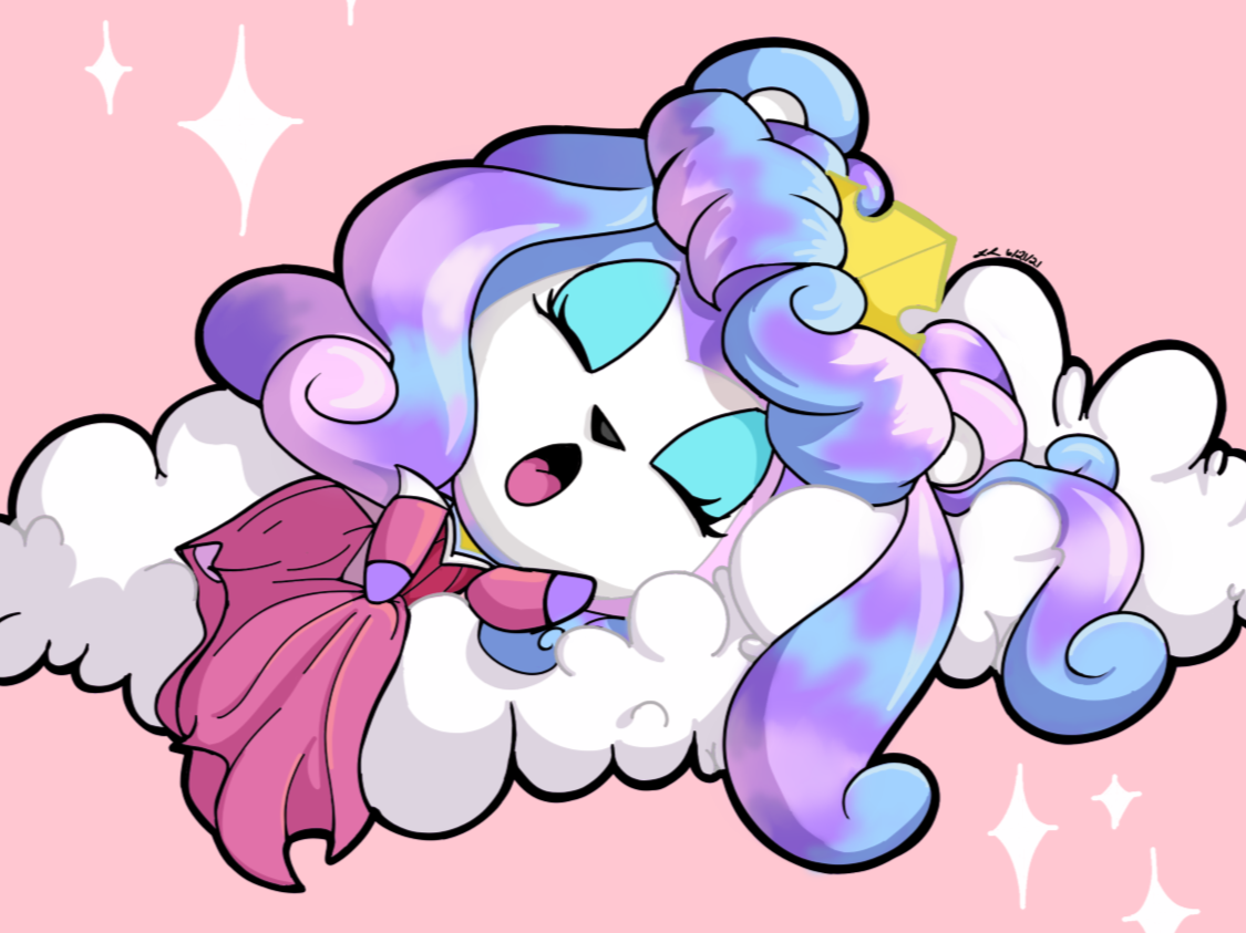 A cute cartoon character with a unicorn horn and pastel-colored curly hair sleeping on a cloud against a pink background with white stars.