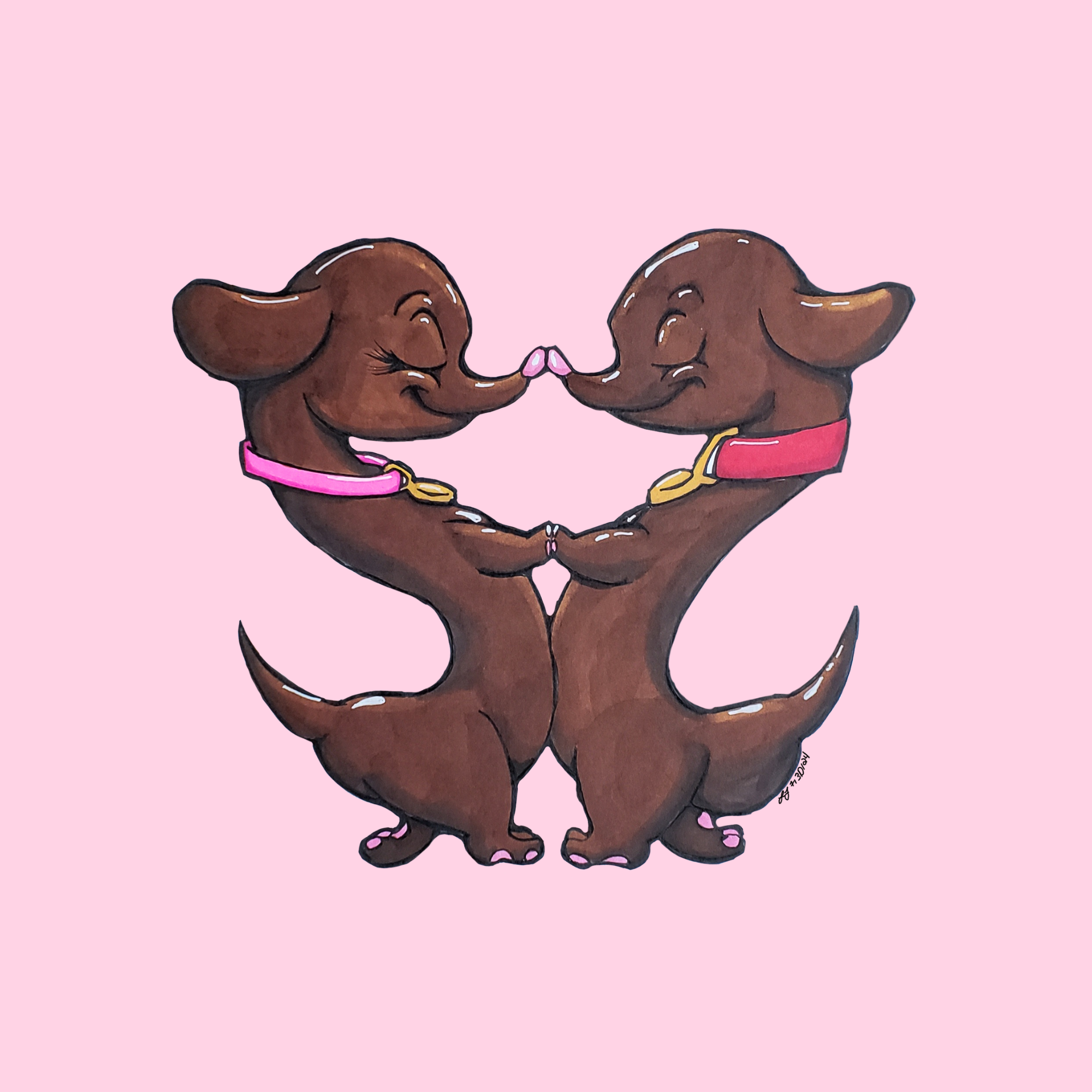 Two cartoon dachshunds with brown fur touching noses, holding paws, and wearing red and pink collars with gold tags, set against a pink background.