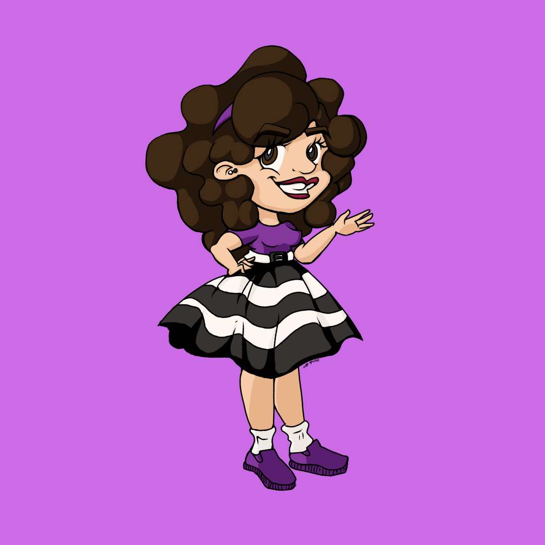Cartoon girl with curly brown hair wearing a purple top, a black and white striped skirt, purple shoes, and white socks, standing against a purple background.