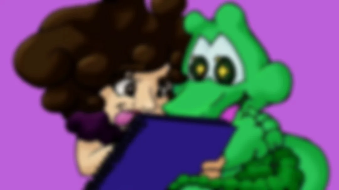 A cartoon girl with curly brown hair looking at a green cartoon alligator, both looking at a tablet against a purple background.