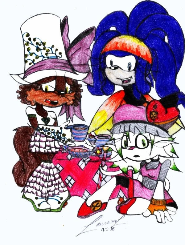 Colorful drawing of three anthropomorphic characters with fantasy and steampunk elements, including hats and accessories, sitting around a table with tea cups.