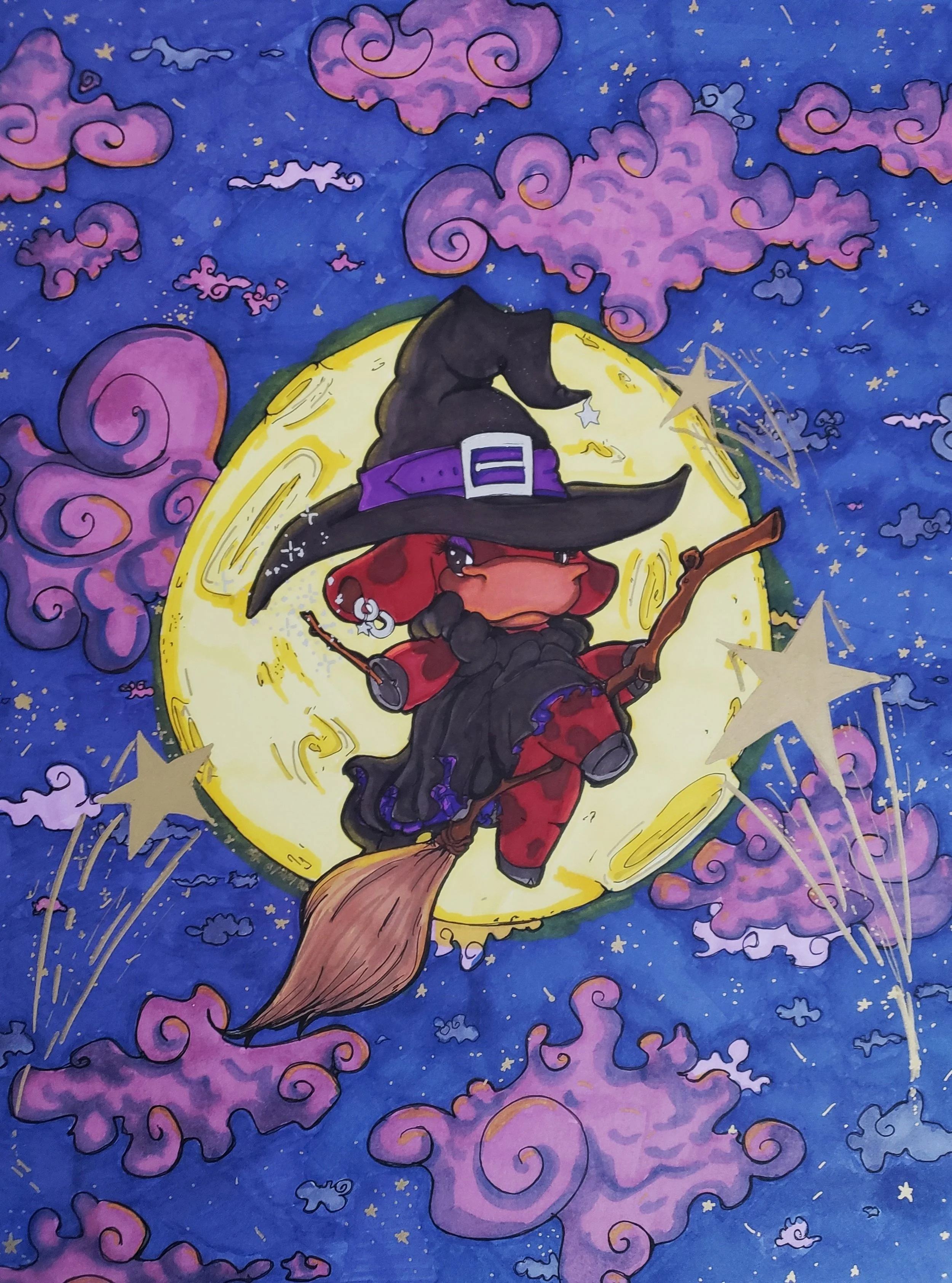 A cartoon witch riding a broomstick in front of a large bright yellow moon, surrounded by purple and pink clouds and stars.