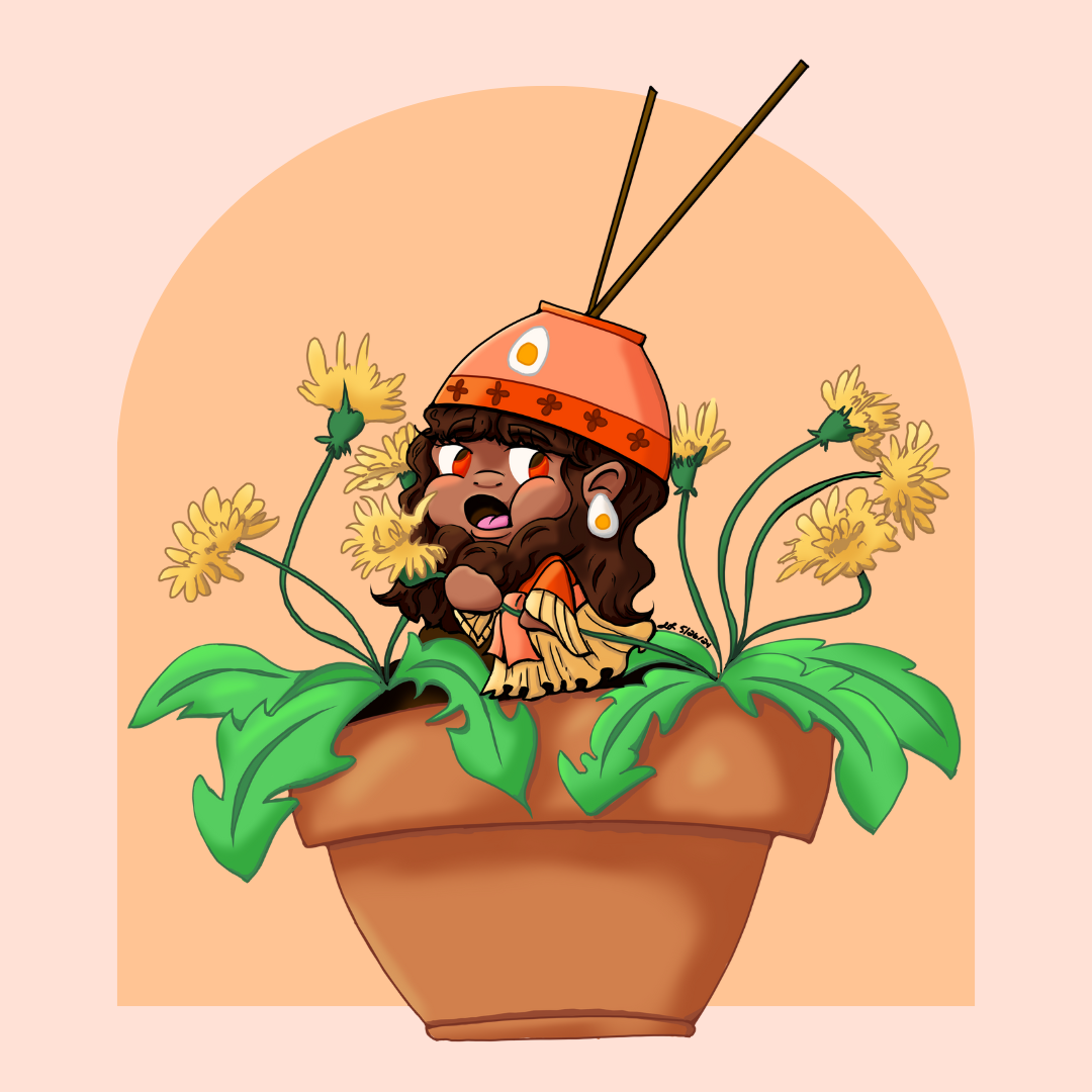 A cartoon character with brown hair, beard, and orange eyes, wearing an orange hat with chopsticks, sitting among yellow flowers and large green leaves in a flowerpot.