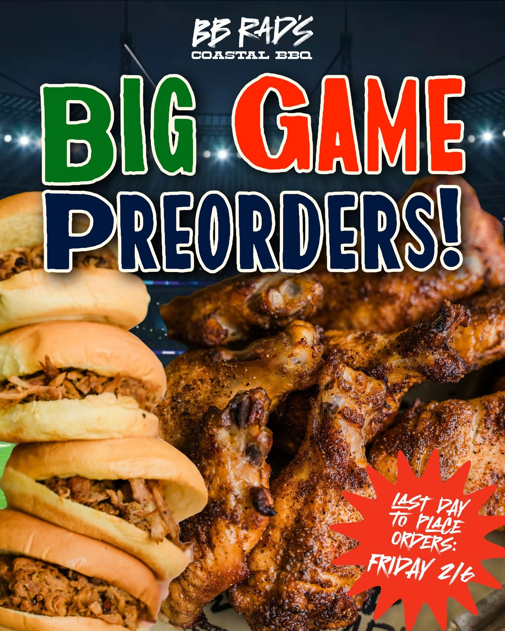 Game day is coming in hot 🔥🏈
Don&rsquo;t show up to your Super Bowl party empty handed.

Preorder your wings and sliders and make your spread the real MVP 🤙

📞 Call 321.567.4677 by tomorrow to lock it in.