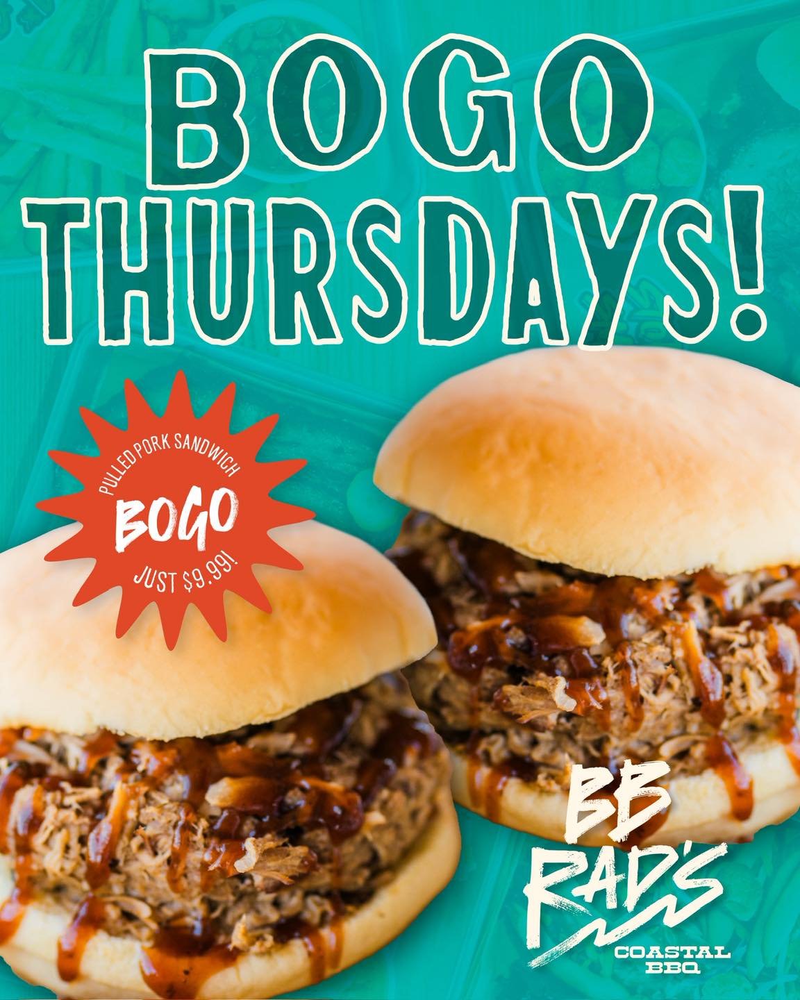 Two sandwiches are better than one 😎🔥
BOGO Pulled Pork Sandwiches every Thursday at BB Rad&rsquo;s.

Bring a friend&hellip; or keep both. We won&rsquo;t judge 🤙