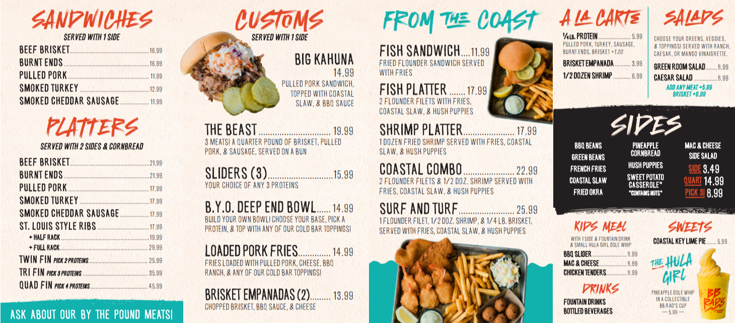 Menu with sections for sandwiches, platters, customs, from the coast, sides, kids' meal, sweets, and drinks. Includes options like beef brisket, pork, turkey, smoked sausage, and fish sandwiches, as well as combo plates and sides like fried okra and mac and cheese.