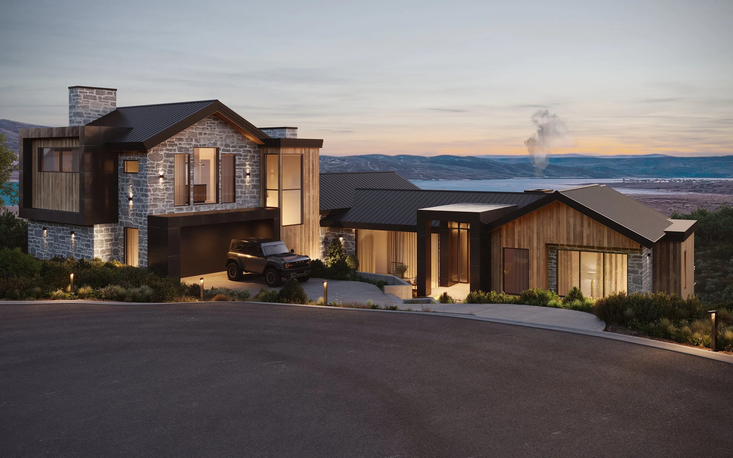 Skyridge-231-Mayflower-Mountain-Exterior-Front-Elevation-Stone-Wood-Siding-Lake-View-Dusk-Roderick-Builders-Mountain-Modern.jpg