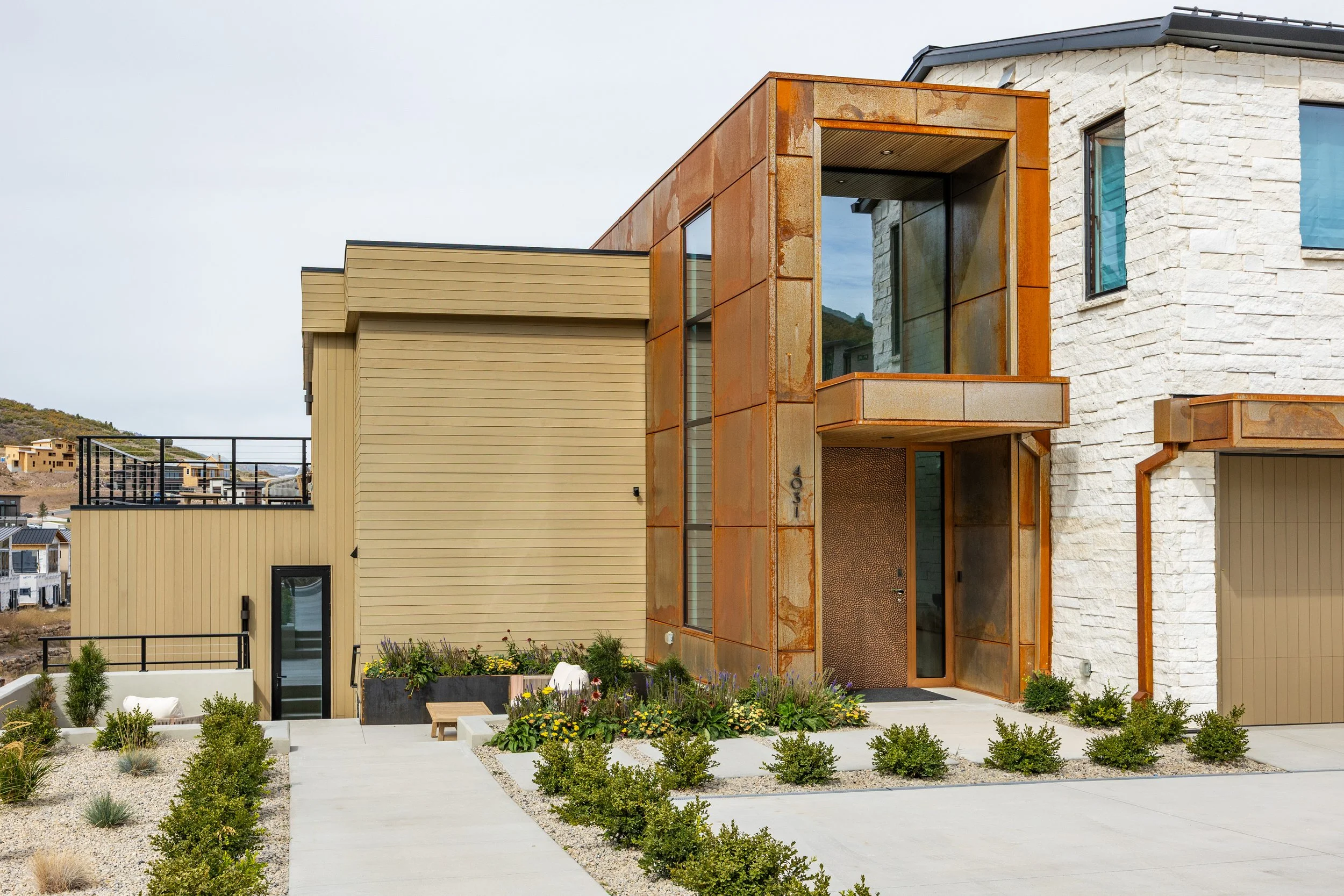 Benloch-134-Heber-City-Driveway-Landscape-Corten-Metal-Wood-Siding-Limestone-Roderick-Builders-Mountain-Modern.jpg