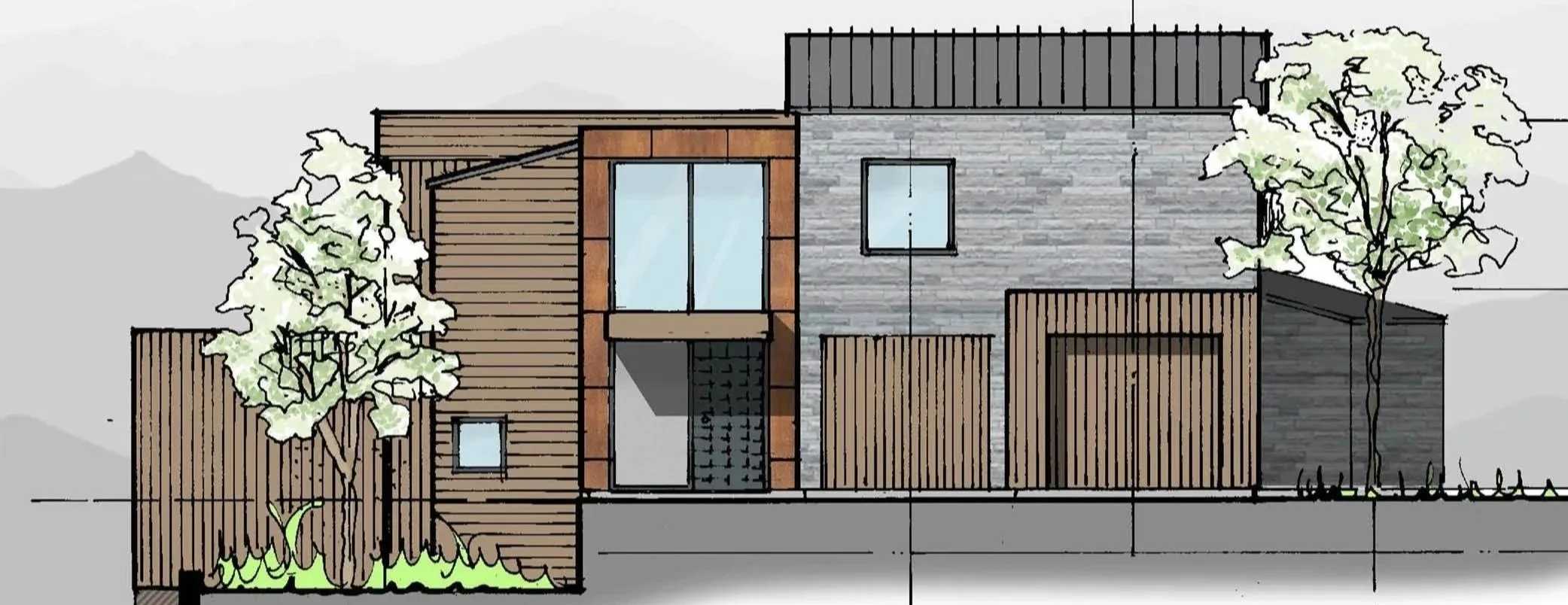 A modern two-story house with a mix of wooden, brick, and stone exterior, surrounded by trees and a wooden fence.