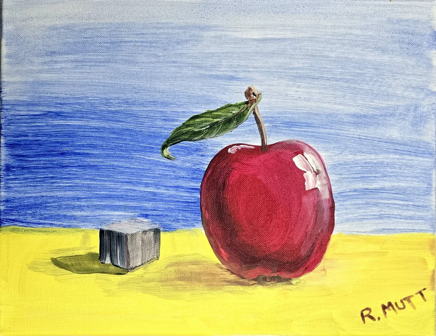 Painted image of a red apple with a green leaf and stem on a yellow surface, with a blue and light blue background and artist signature 'R. Mutt' in the lower right corner.