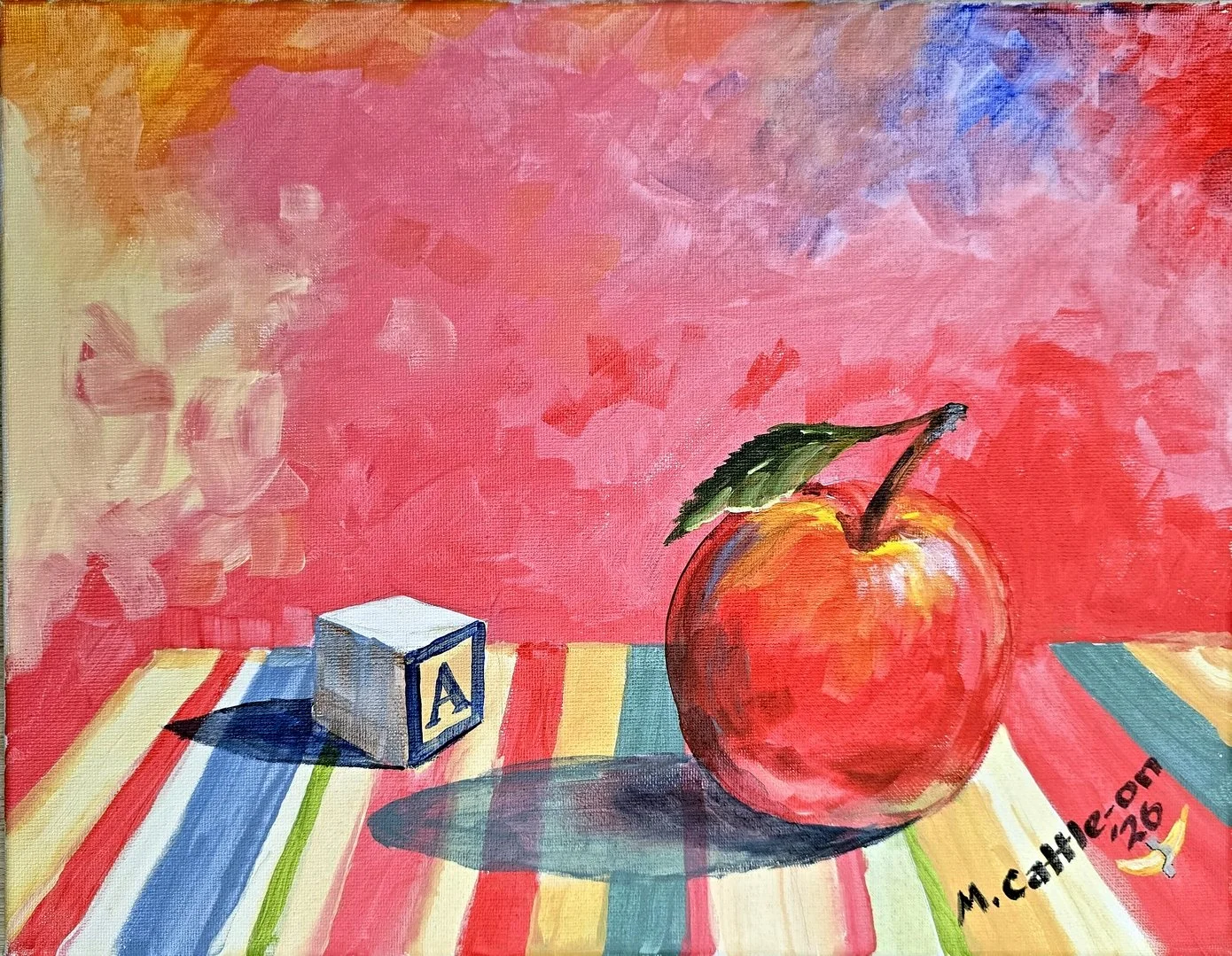 A still life painting of a red apple with a green leaf and stem, a small white block with a blue letter 'A', and a colorful striped tablecloth, against a pink background.