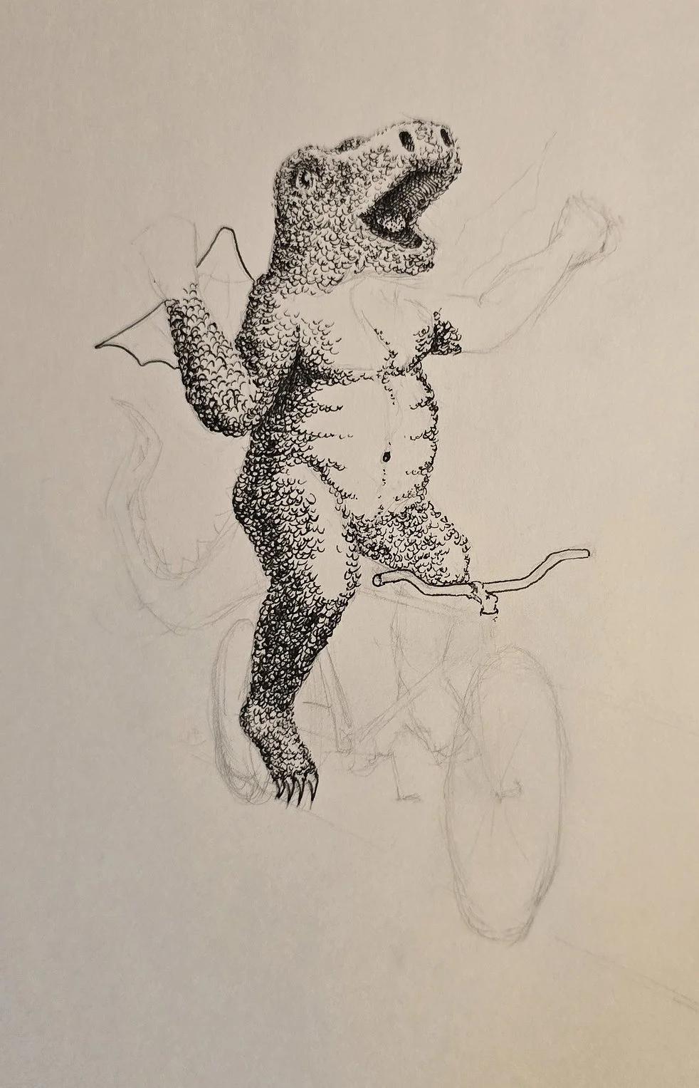 An incomplete pen and ink drawing of a fat happy dragon with one arm raised and riding a bicycle.