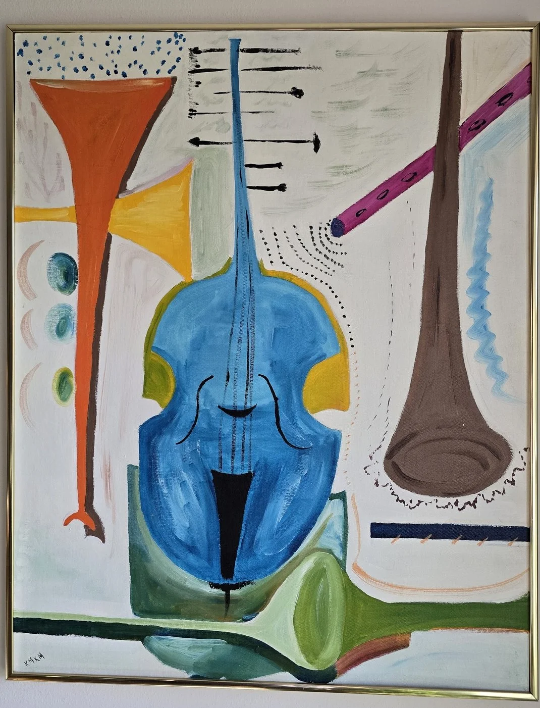 Abstract painting with various shapes and colors including a prominent blue violin at the center, a brown horn-like shape on the right, a purple flute, and other geometric and dotted elements.