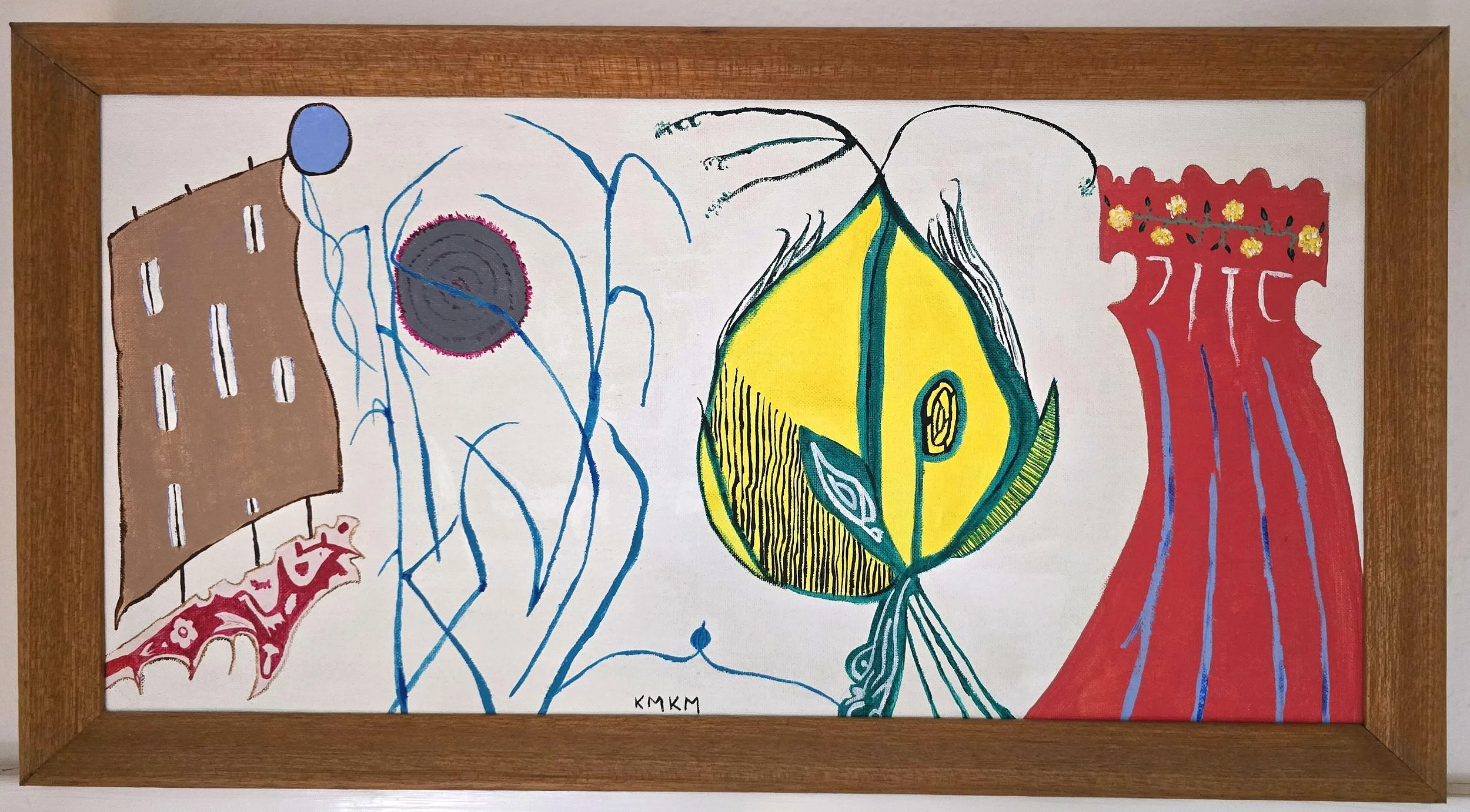 Colorful abstract artwork with various shapes and lines, framed in wood.