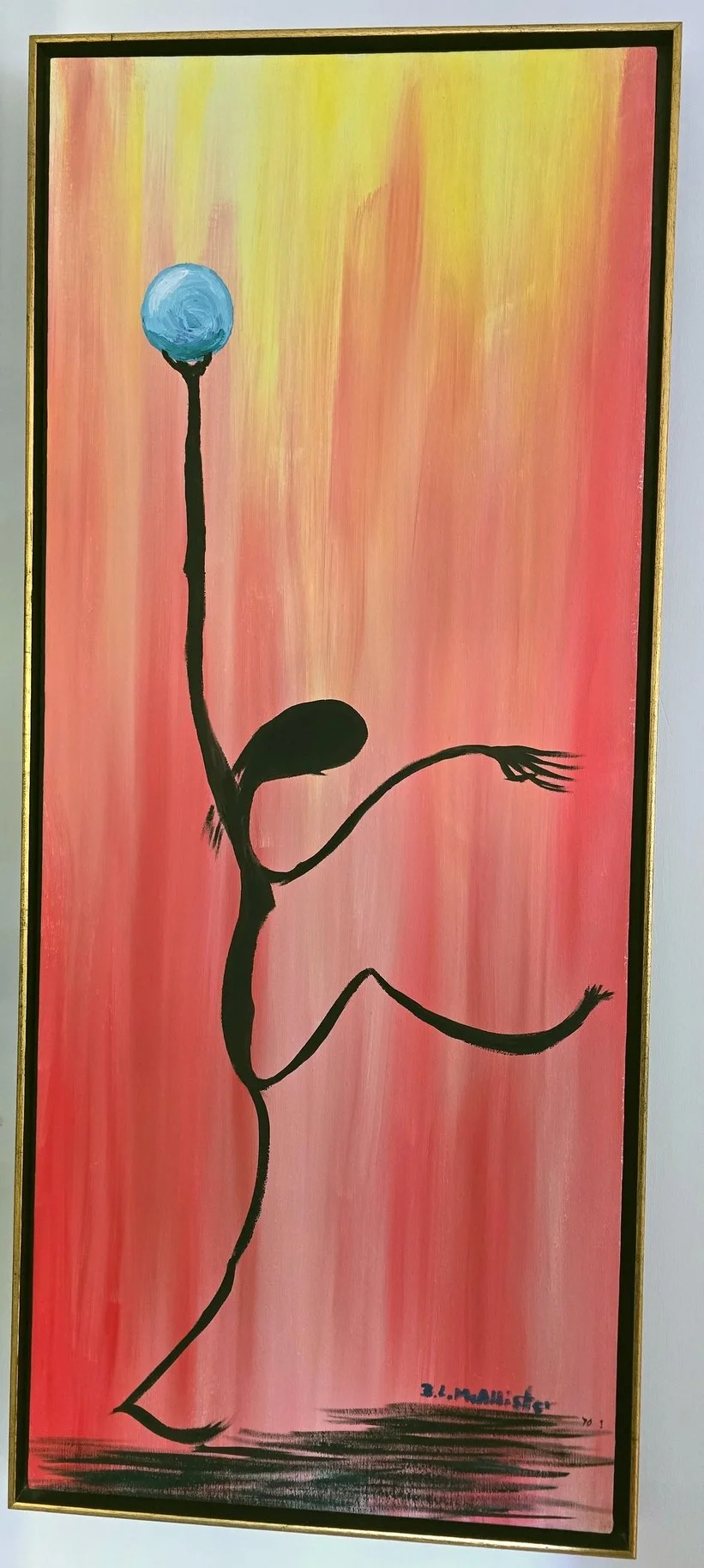 An abstract painting of a simplified human figure with outstretched arms and one leg raised, holding a blue circular object that resembles a balloon or moon, against a colorful background of yellow, orange, pink, and red vertical streaks.