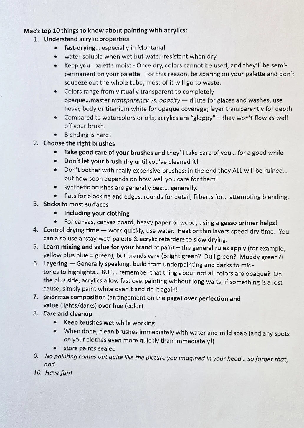 List titled 'Mac's top 10 things to know about painting with acrylics' with tips on acrylic painting techniques and advice.