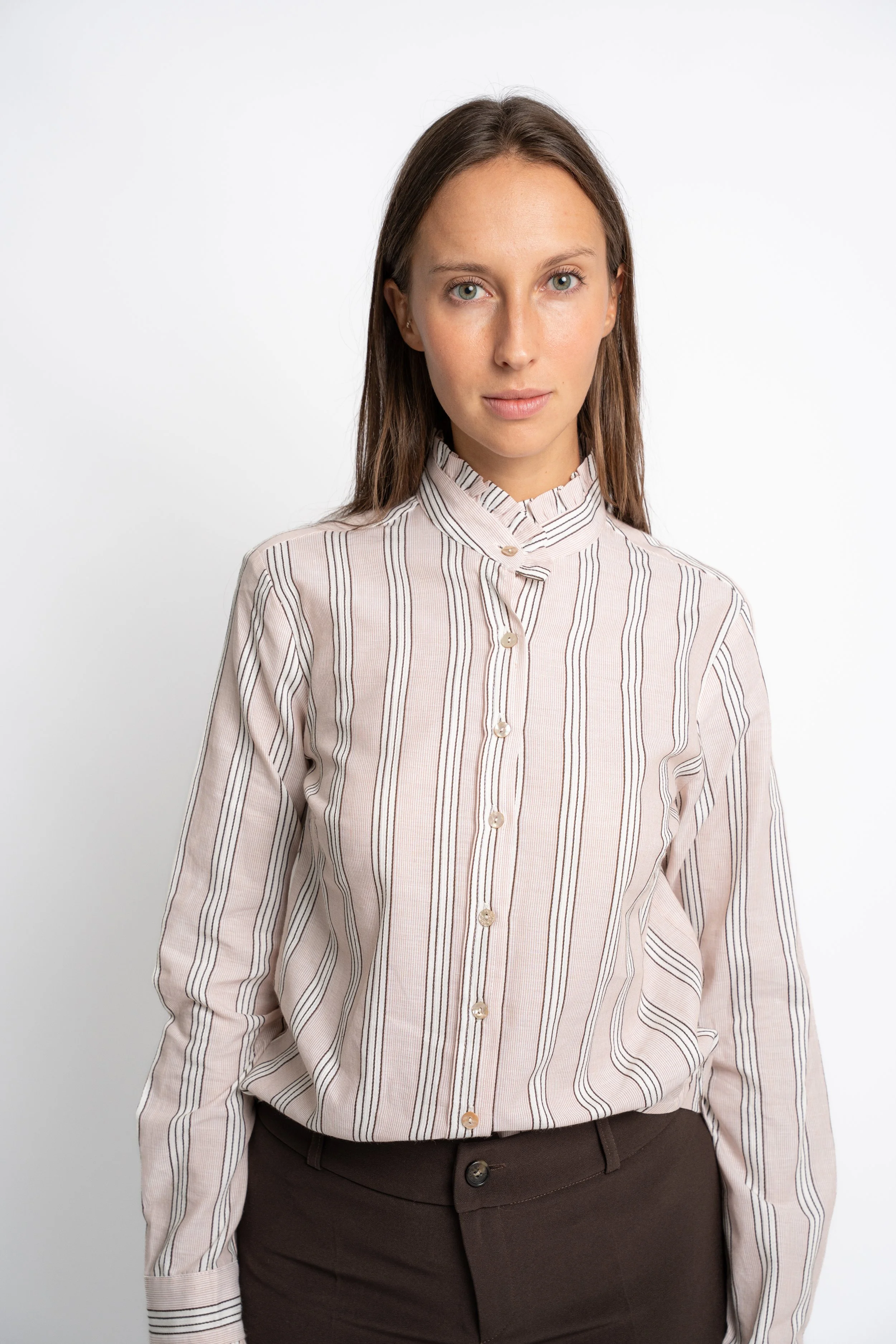 Camisa Volante Rayas Beige