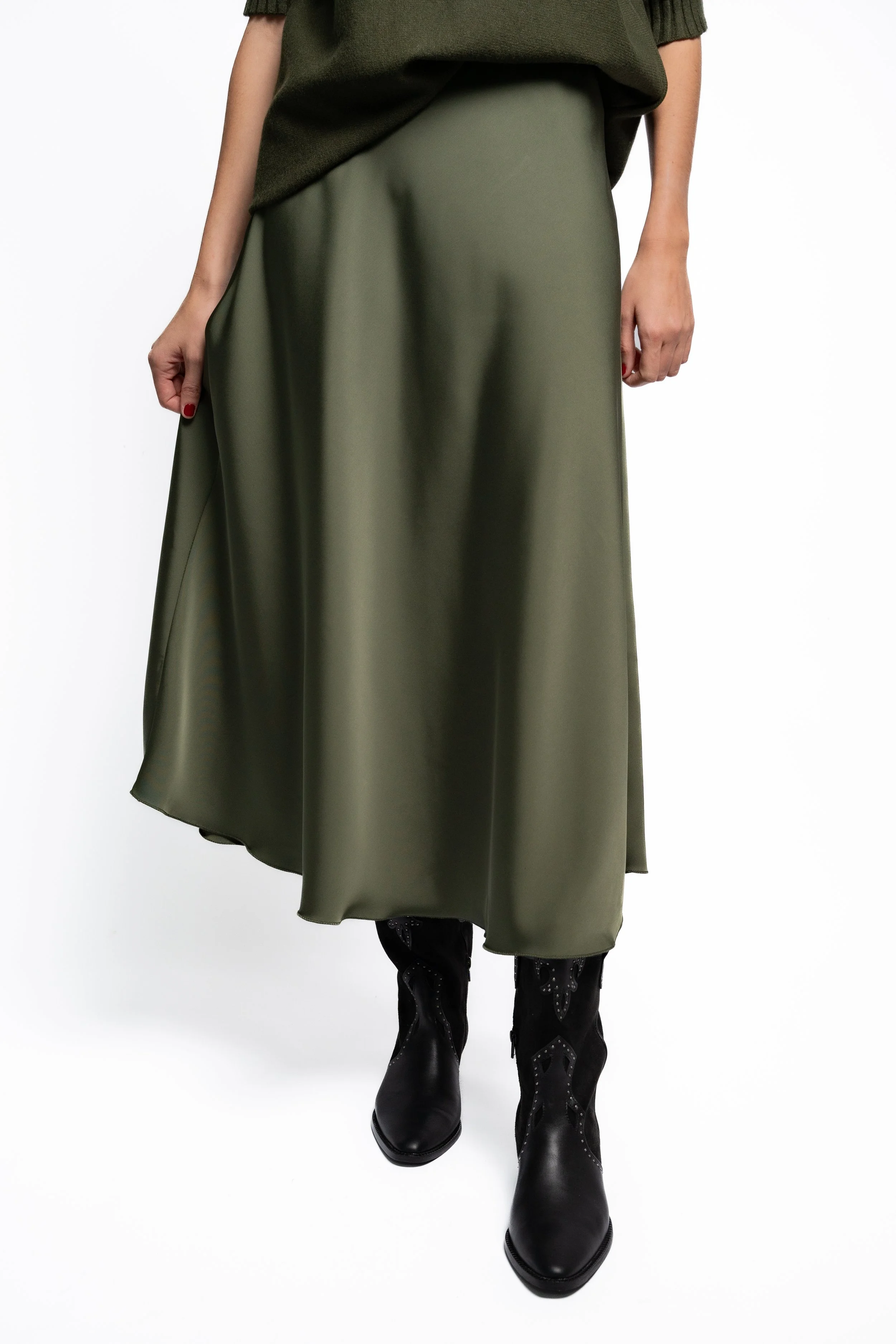 Falda Evasé Satén Verde