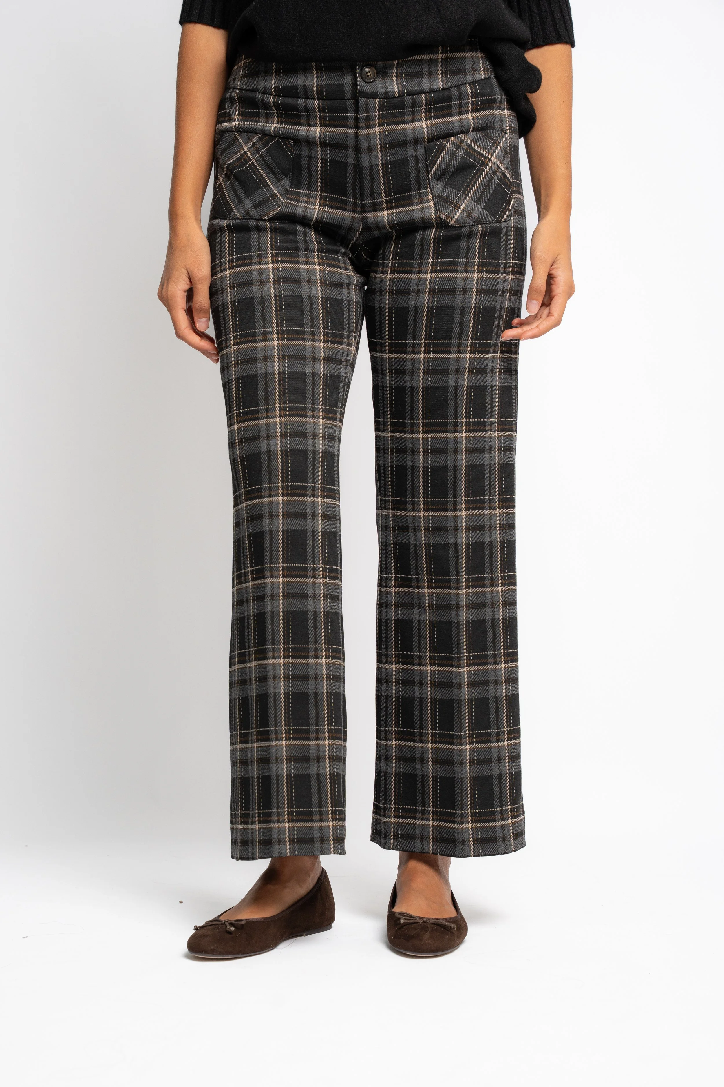 Pantalón Palazzo Tobillero Bolsillos Cuadros Negro