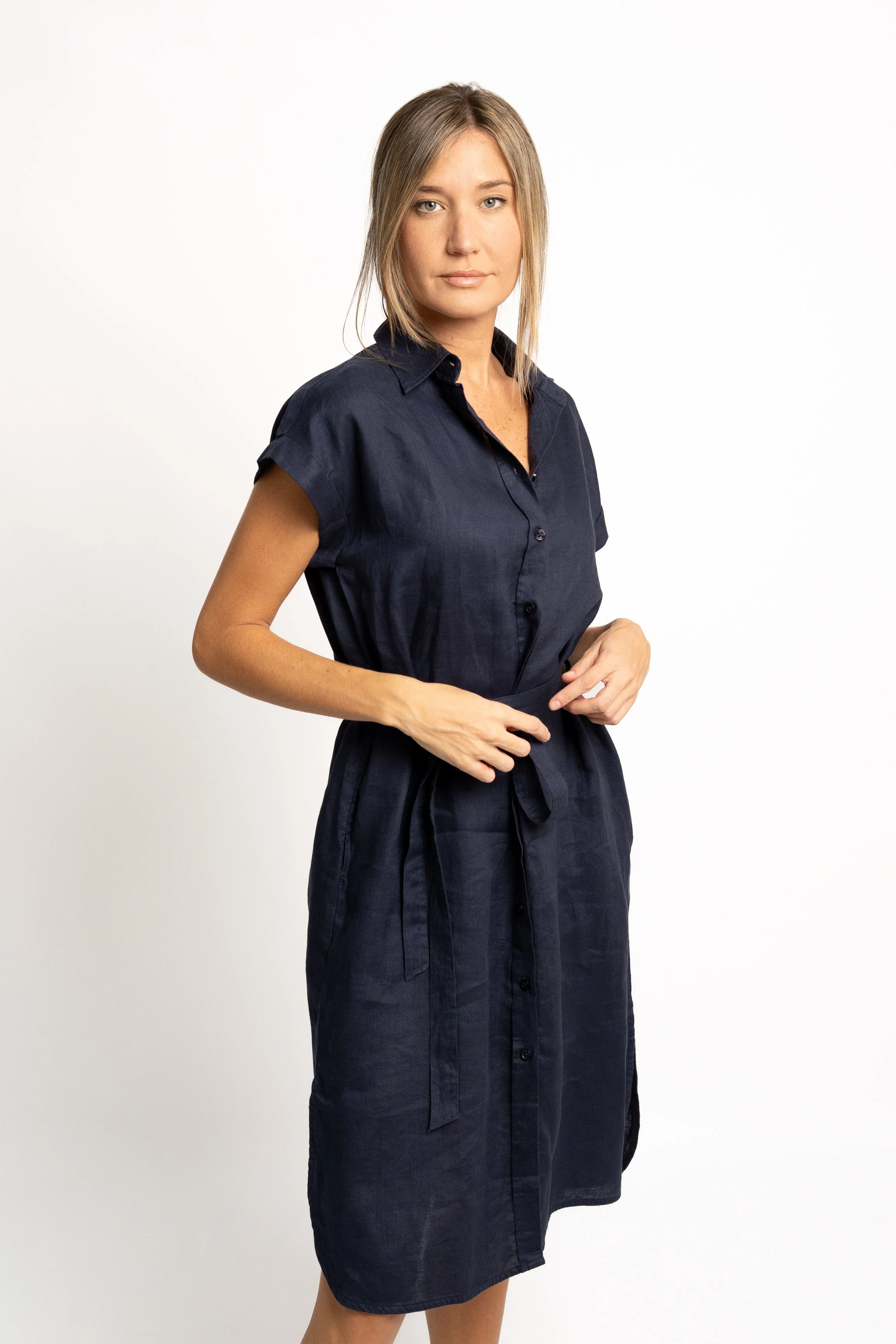 Vestido Camisero Lino Azul Marino