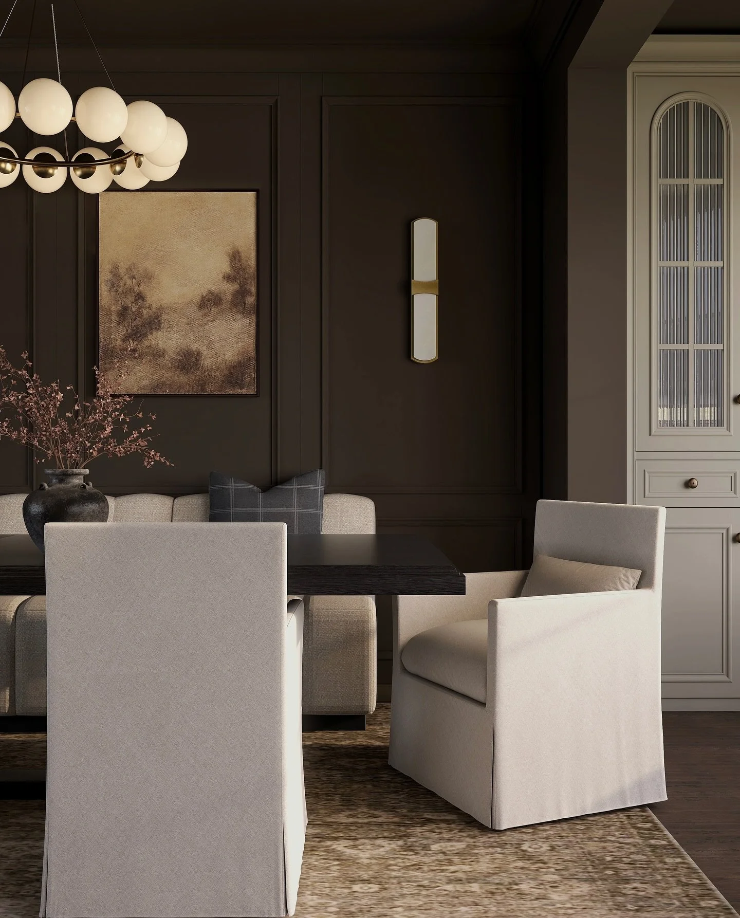 the subtle blend of soft textures and rich, dark tones creates a timeless atmosphere perfect for unwinding and entertaining