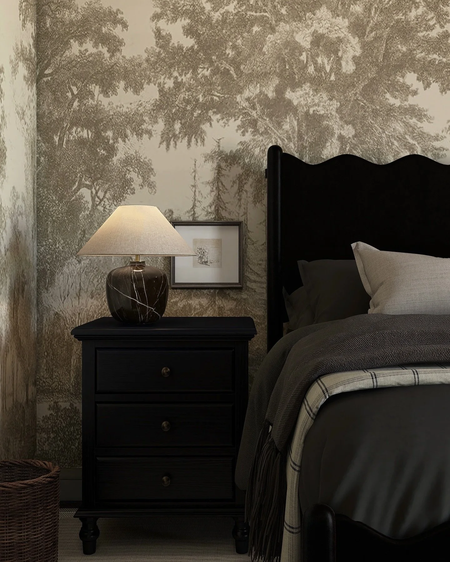 Welcome to The Calm Edit: A Refined Bedroom Retreat

A sophisticated blend of dark tones and soft neutrals creates a serene, moody escape. This bedroom features timeless silhouettes, layered textiles, and a refined palette that balances warmth with a