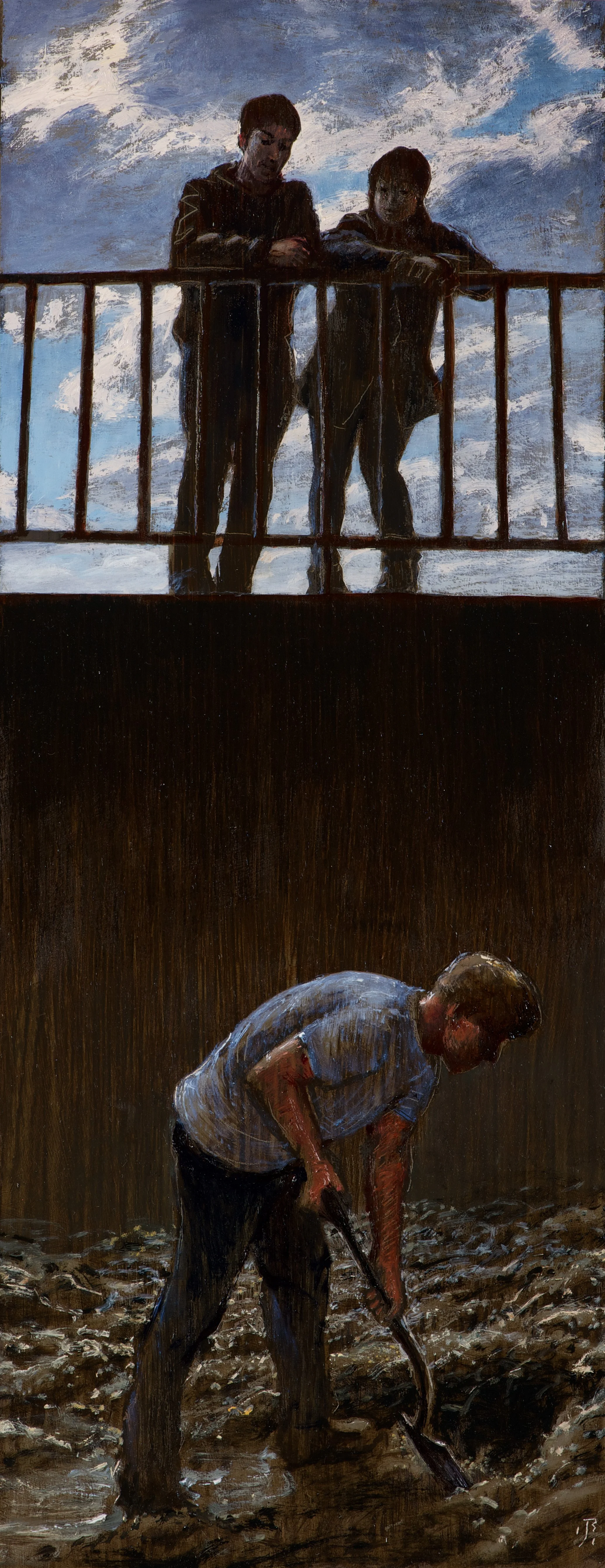 He's Working, 2011, oil on panel, 16 x 7