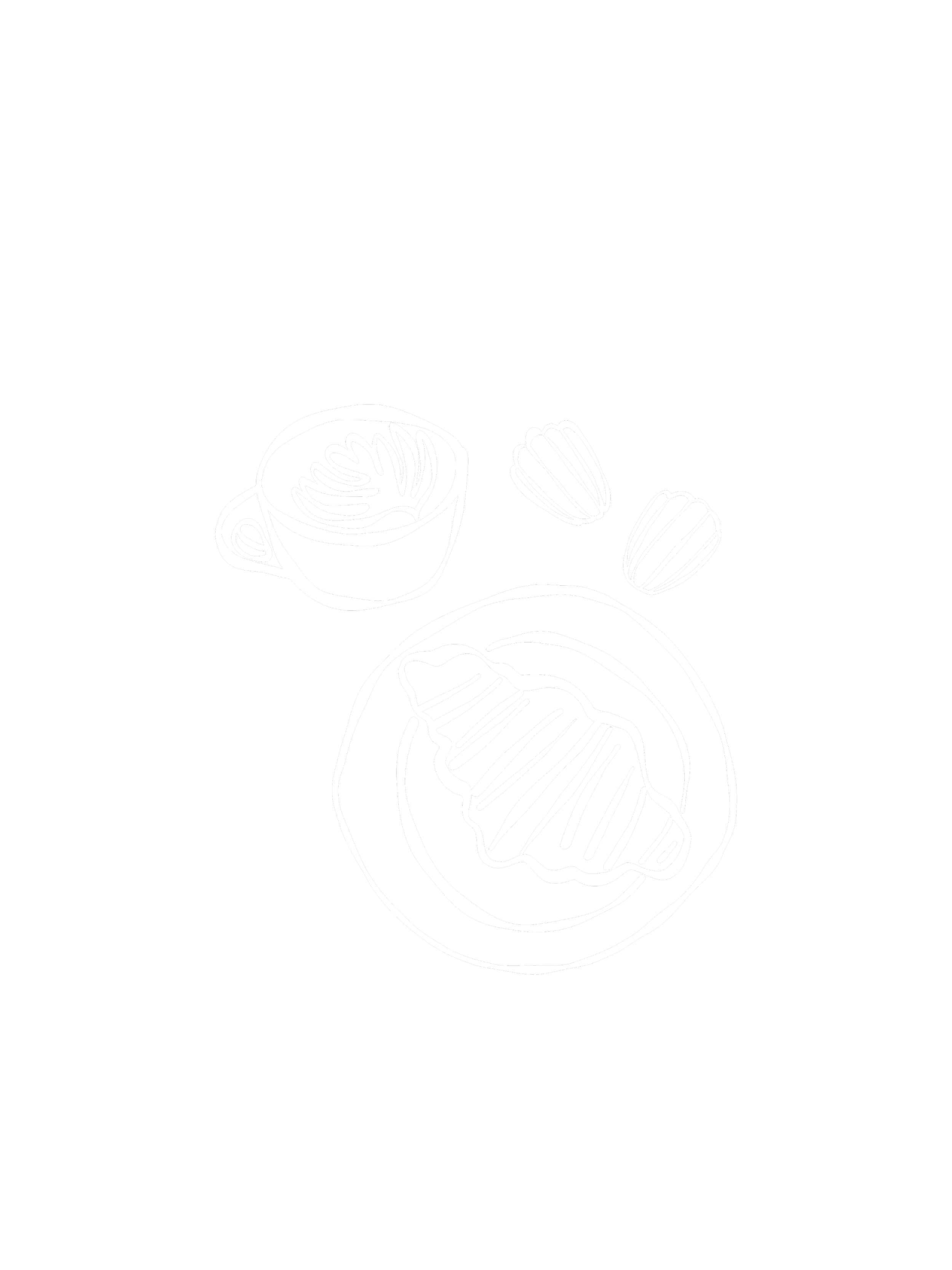 Line drawing of a croissant on a plate, a cup of coffee with latte art, and two sugar cubes on a black background.