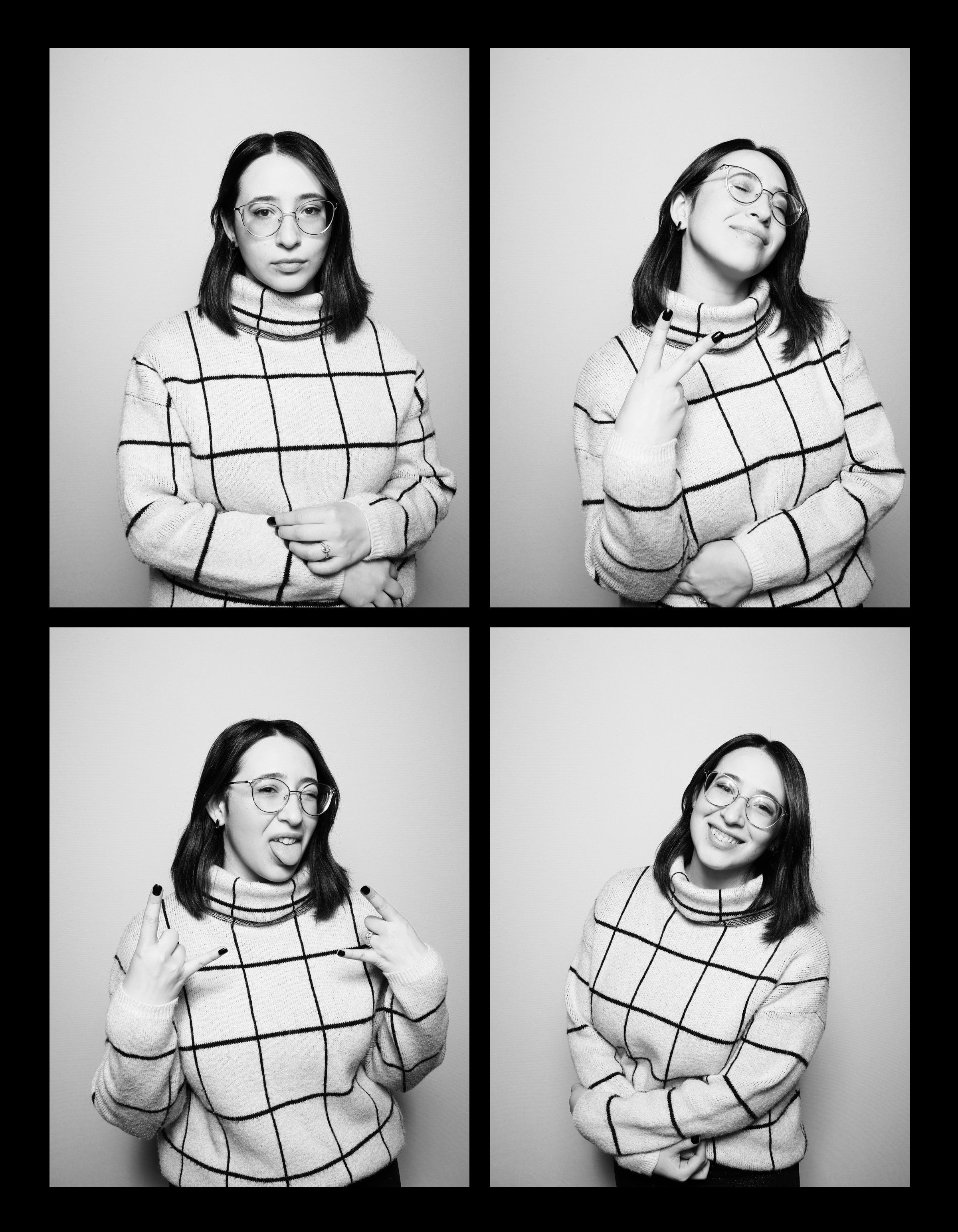 Black and white collage of four photos featuring a young woman with shoulder-length dark hair and glasses, wearing a checkered sweater, showing different facial expressions and hand gestures against a plain background.