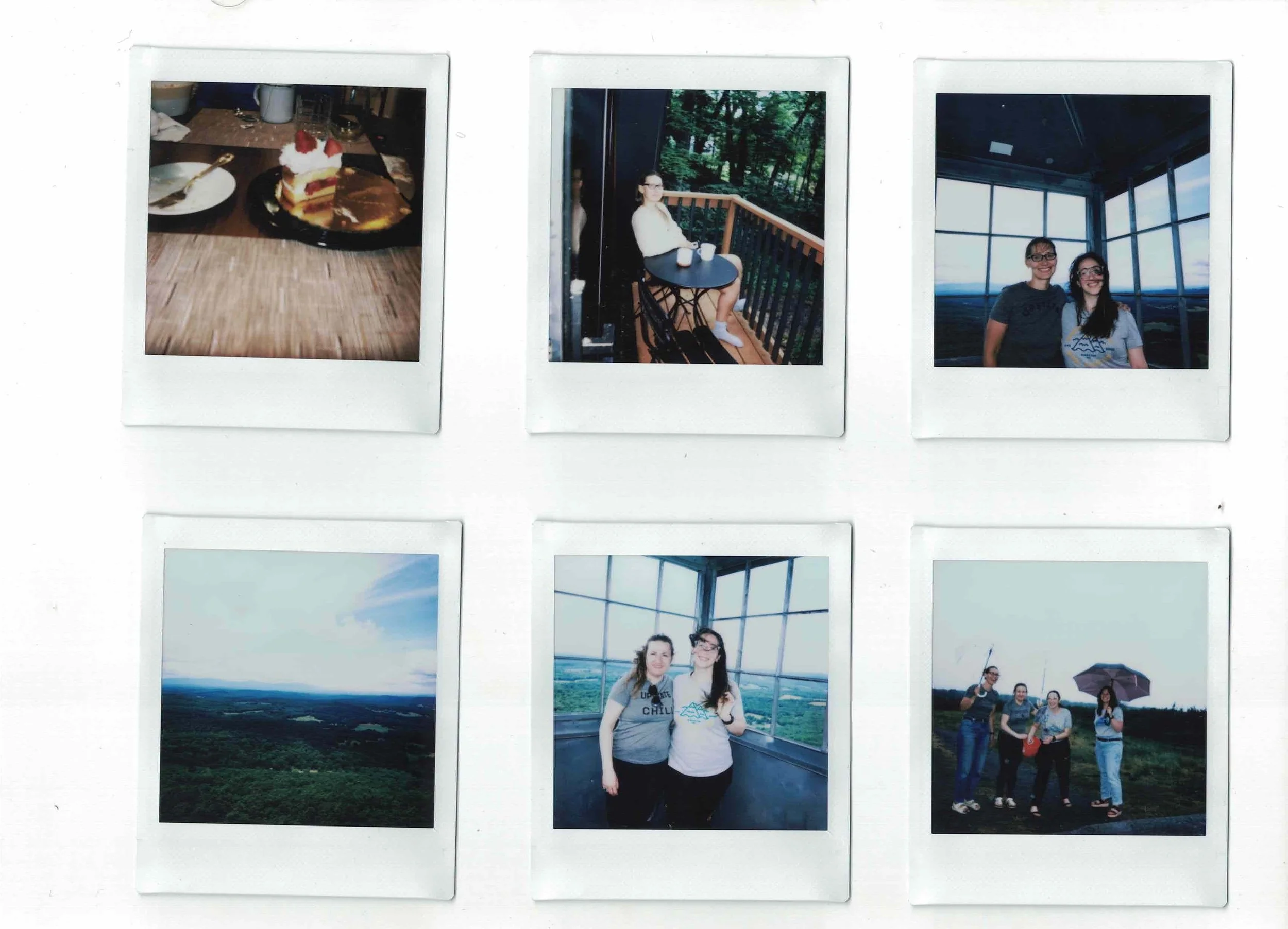 Six instant photos arranged in a grid showing various scenes including a dessert, a woman on a balcony, two women inside a glass observation tower, a landscape view, two women inside a tower, and a group of women outside with an umbrella.