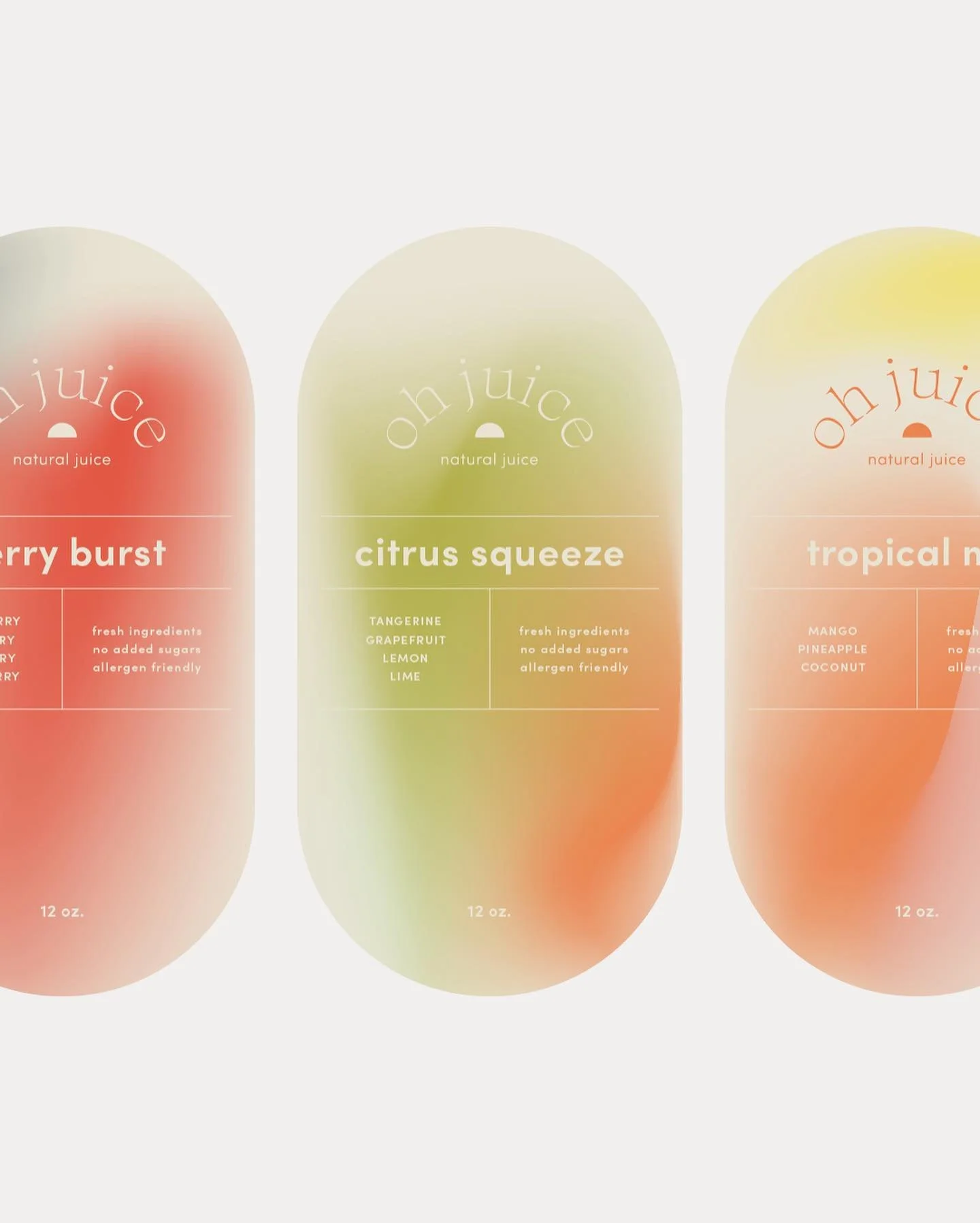 The Oh Juice labels are a playful hint at its deliciousness inside. The colors of each flavor&rsquo;s label mirror the fruit inside. The minimal layout symbolizes the simple ingredients of the product. A combination of the brand elements come togethe