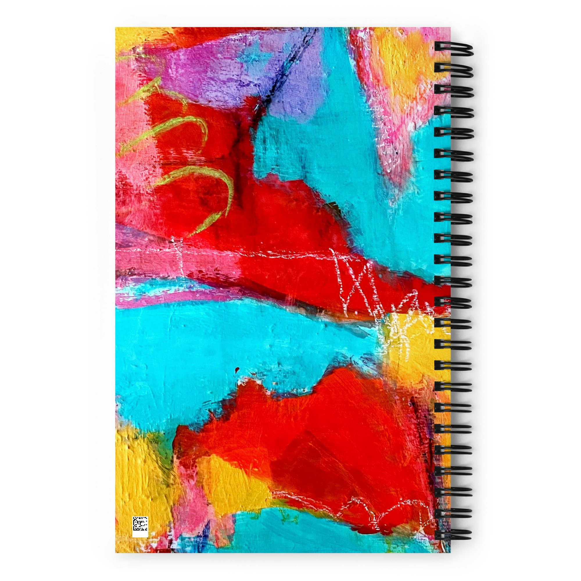 spiral notebook with colorful "Abstract #2" art applied to the back cover