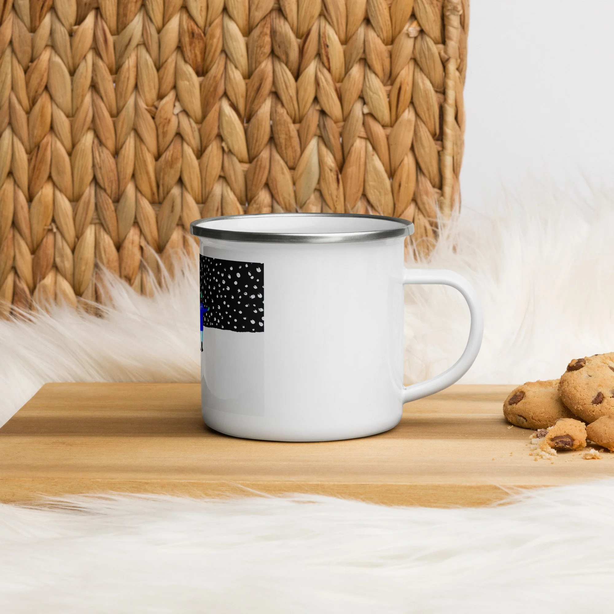 Side view of a white enamel mug