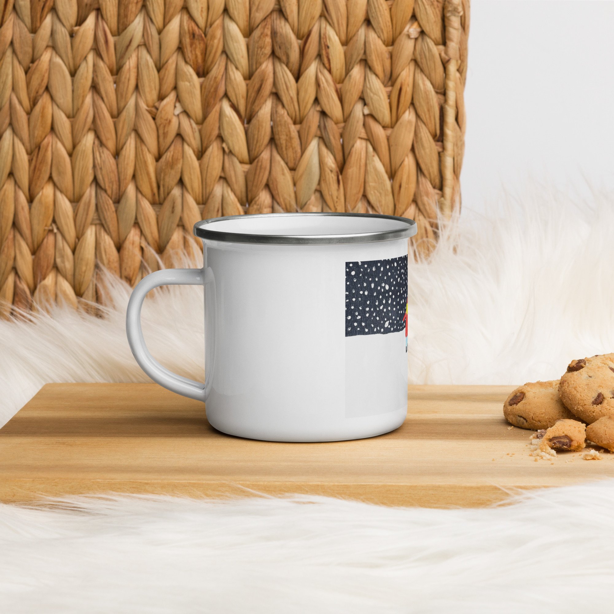second side view of a white enamel mug