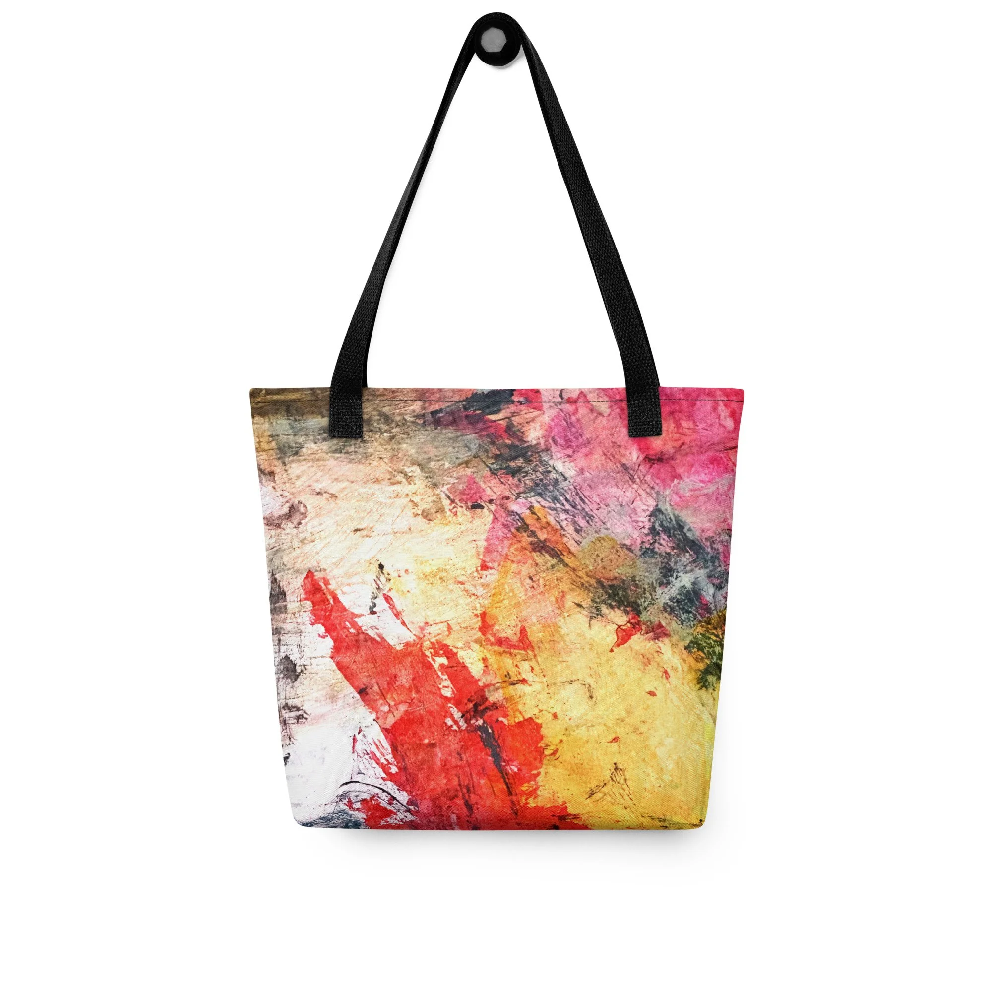 colorful tote with abstract design hanging on wall peg