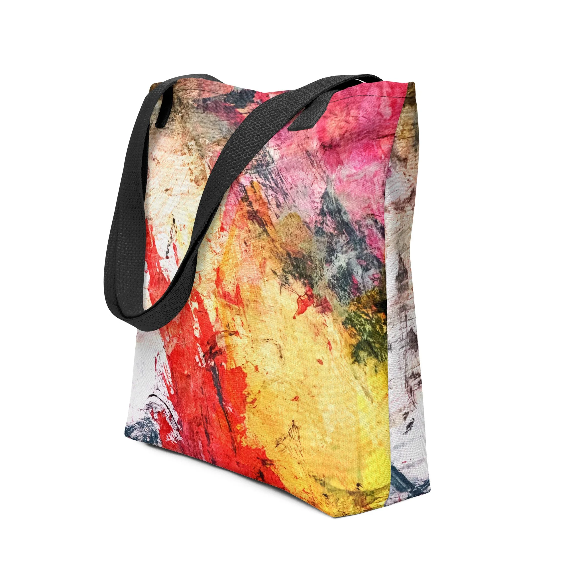 Colorful tote bag sitting on counter