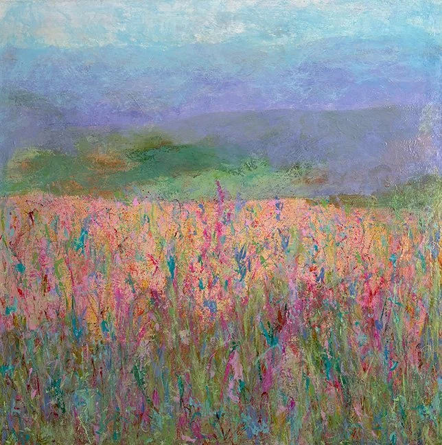 An impressionistic painting of a field of flowers in the foreground and foothills in the distance