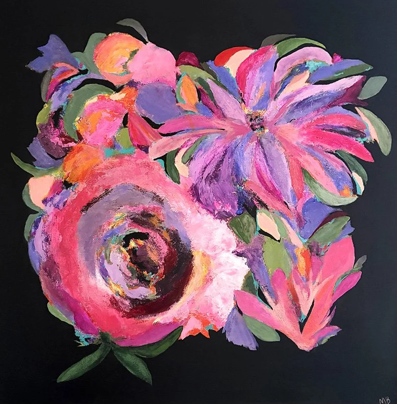bold painterly flowers against a black backdrop