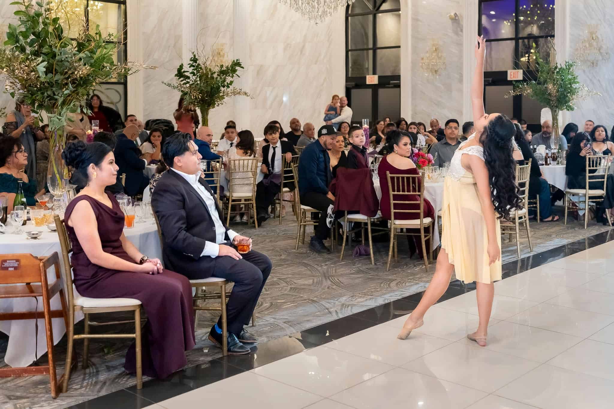 Quinceañera performing a solo ballet dance during her celebration at Chateau Del Mar in Hickory Hills, Illinois.