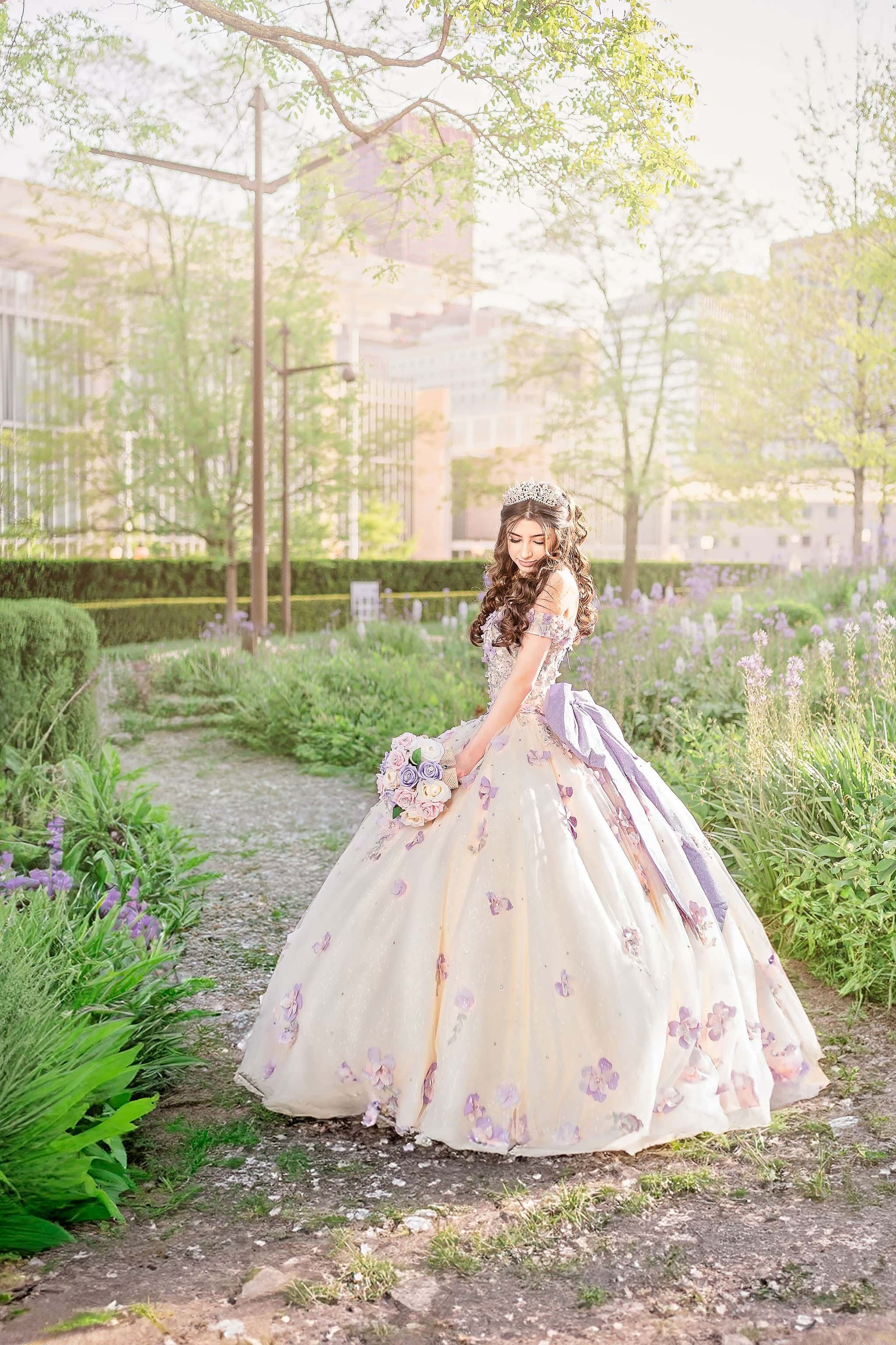 Dreamy bright and airy quinceañera photoshoot featuring a floral gown at Millennium Park in Chicago.