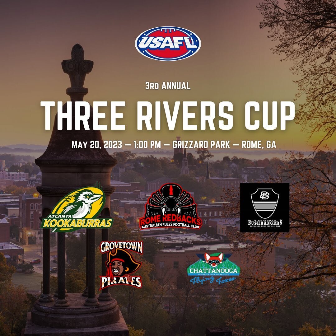 Join the Kookas in Rome next Saturday  for the 3rd annual 3 Rivers Cup hosted by @romeredbacks. First kickoff at 1pm, matches throughout the afternoon including the Cup&rsquo;s inaugural women&rsquo;s match. #usafl #afl