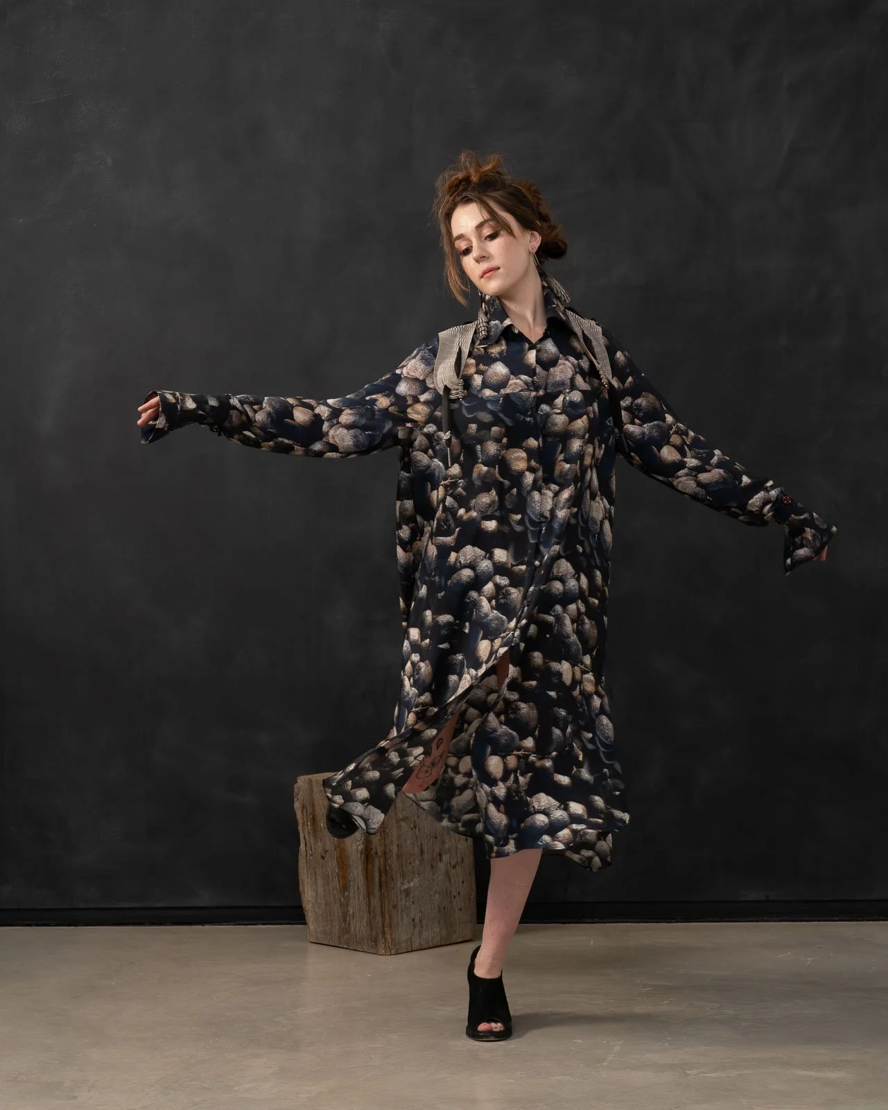 Waste Not Shirt Dress with Covered Buttons and Peekaboo Back. 100% Silk Crepe de Chine.