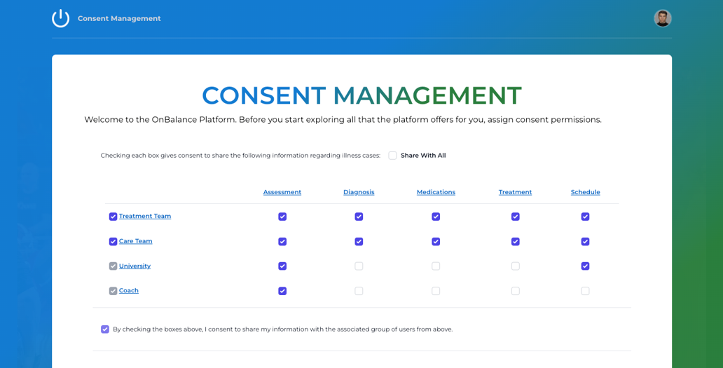 Consent Management screen pops up upon login for Student Athletes, allowing them to assign consent to members of their care team