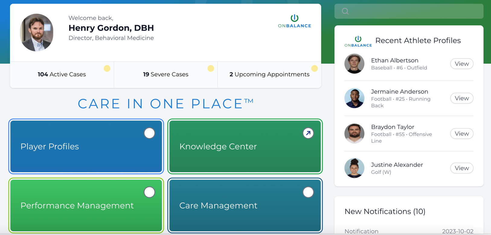 Director, Behavioral Health or “Super Administrator” view, has access to entire platform, with all Student Athlete information - including athlete diagnosis, treatment plans, and severity scoring
